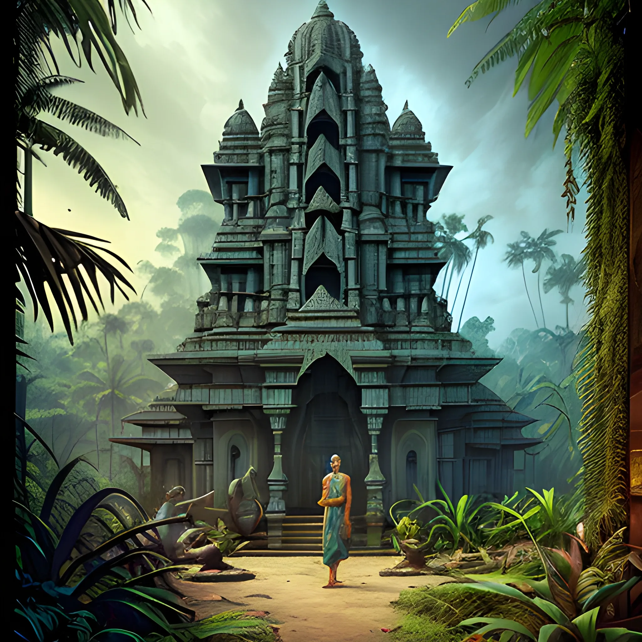 8 k concept art from a hindu temple lost in the jungle by david mattingly and samuel araya and michael whelan and dave mckean and richard corben. realistic matte painting with photorealistic hdr volumetric lighting. composition and layout inspired by Gregory Crewdson.