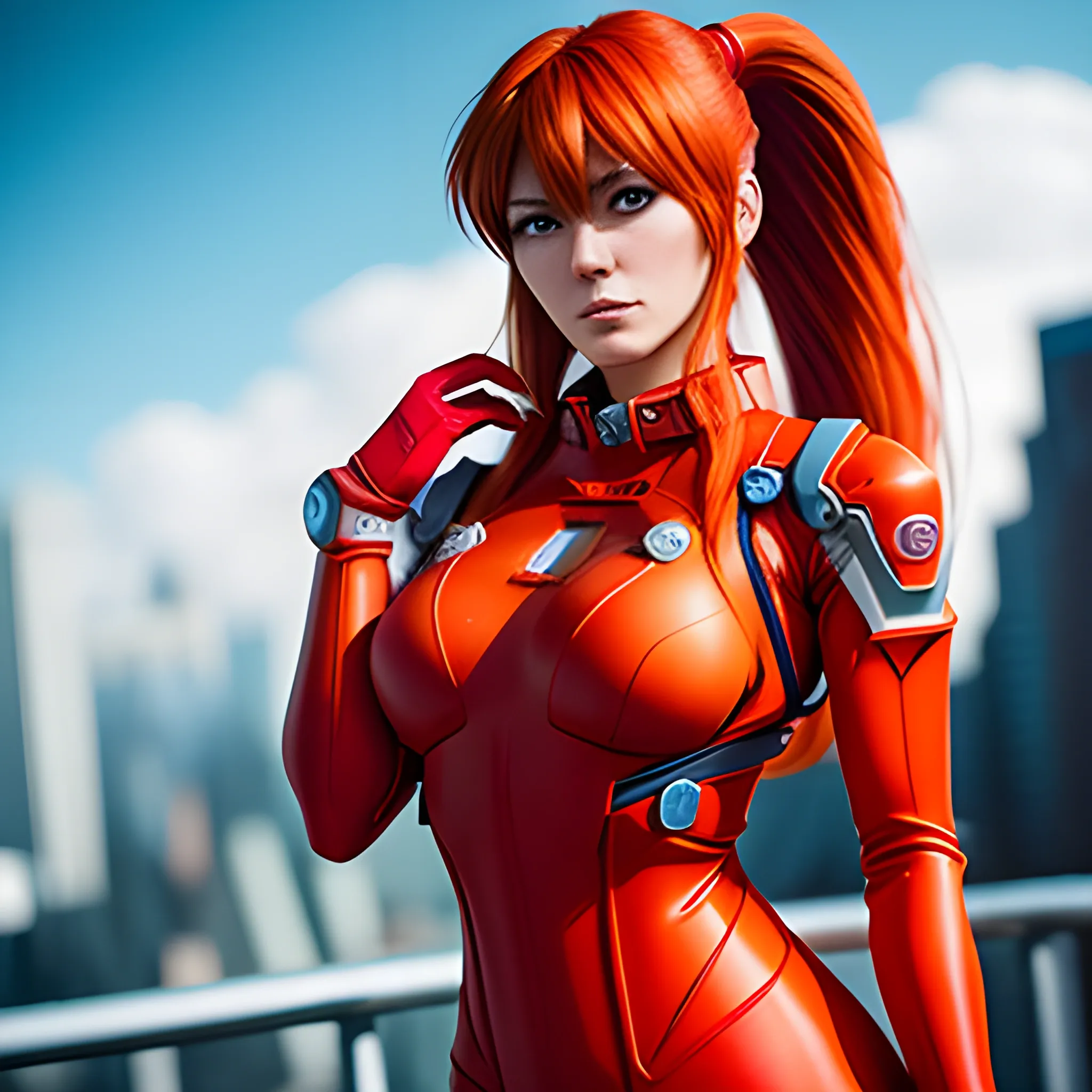 1girl, solo, portrait of Asuka Langley red outfit in space hanggar, full body, serious, details, realistic, photography, blurry background, softfocus, bokeh 