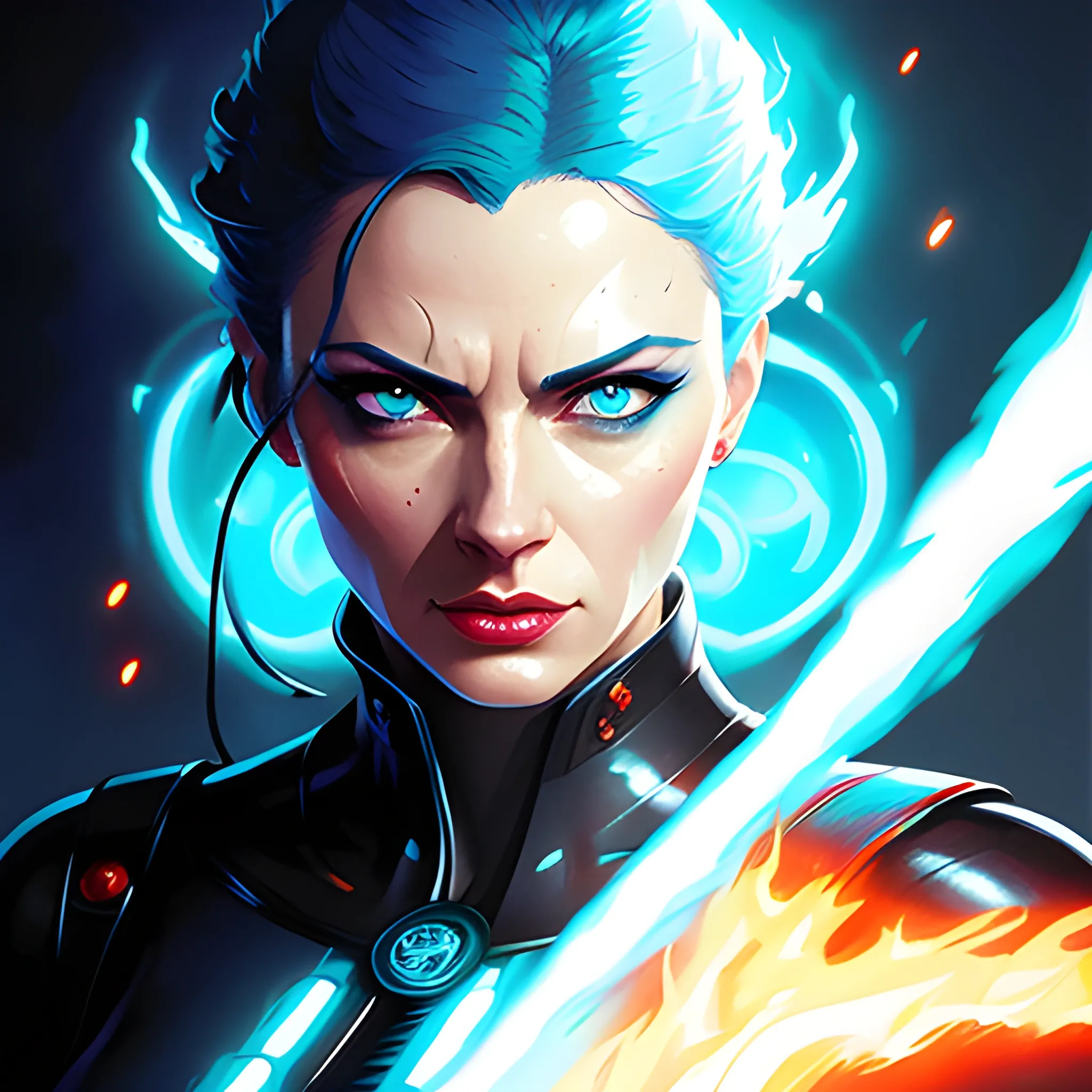 realistic, masterpiece, best quality, 1girl, blue_eyes, blue_fire, electricity, energy, fire, glowing, glowing energy from eyes, hitodama, lips, looking_at_viewer, magic, realistic, solo, art by greg rutkowski and sachin teng