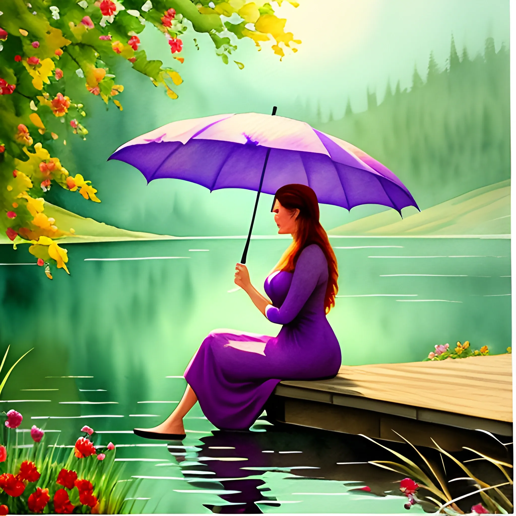 watercolor painting of flowers by the lake, dramatic lighting, peaceful, girl sitting, Umbrella in hand, Oil Paint, Funny