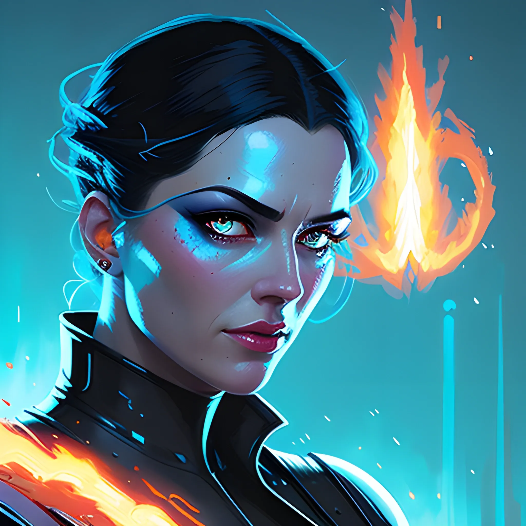 realistic, masterpiece, best quality, 1girl, blue_eyes, blue_fire, electricity, energy, fire, glowing, glowing energy from eyes, hitodama, lips, looking_at_viewer, magic, realistic, solo, art by greg rutkowski and sachin teng