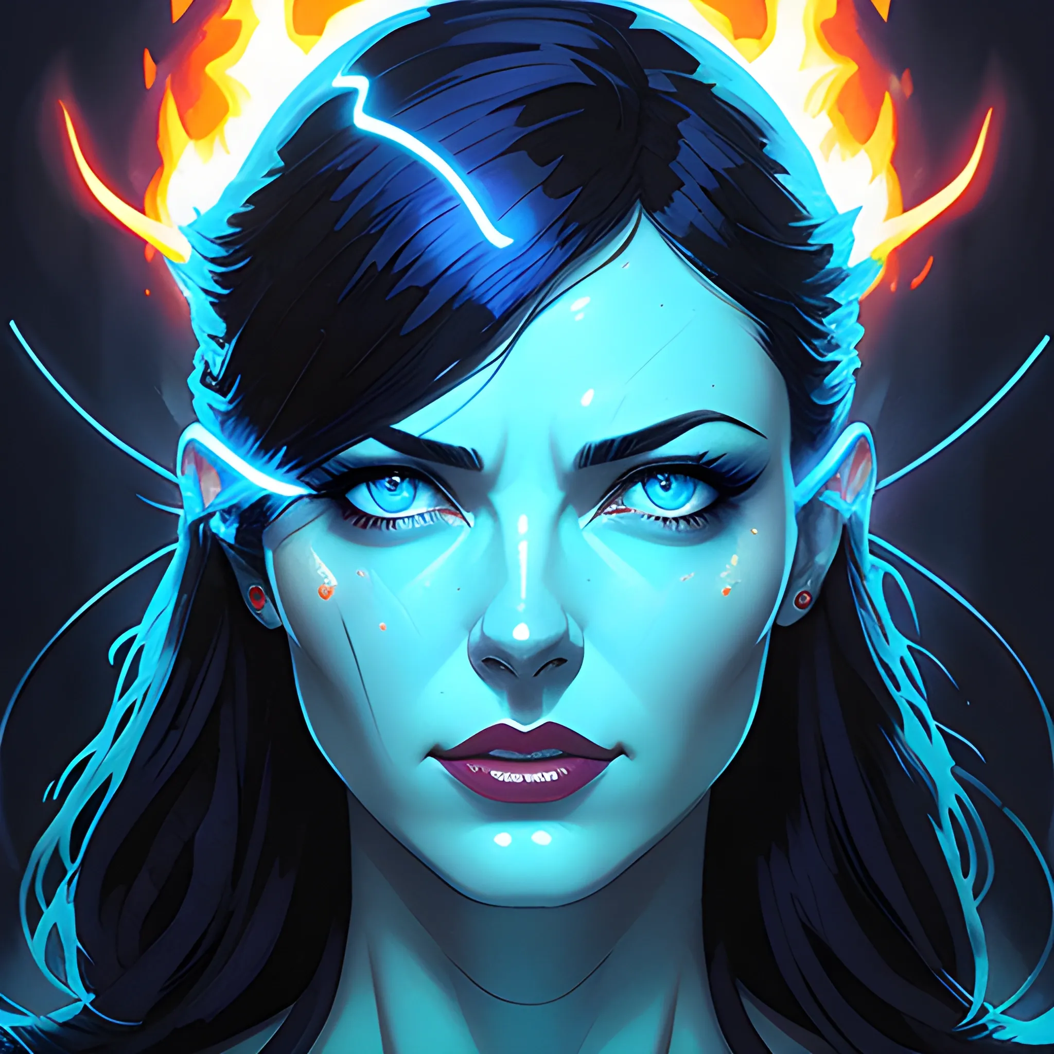 realistic, masterpiece, best quality, 1girl, blue_eyes, blue_fire, electricity, energy, fire, glowing, glowing energy from eyes, hitodama, lips, looking_at_viewer, magic, realistic, solo, art by greg rutkowski and sachin teng