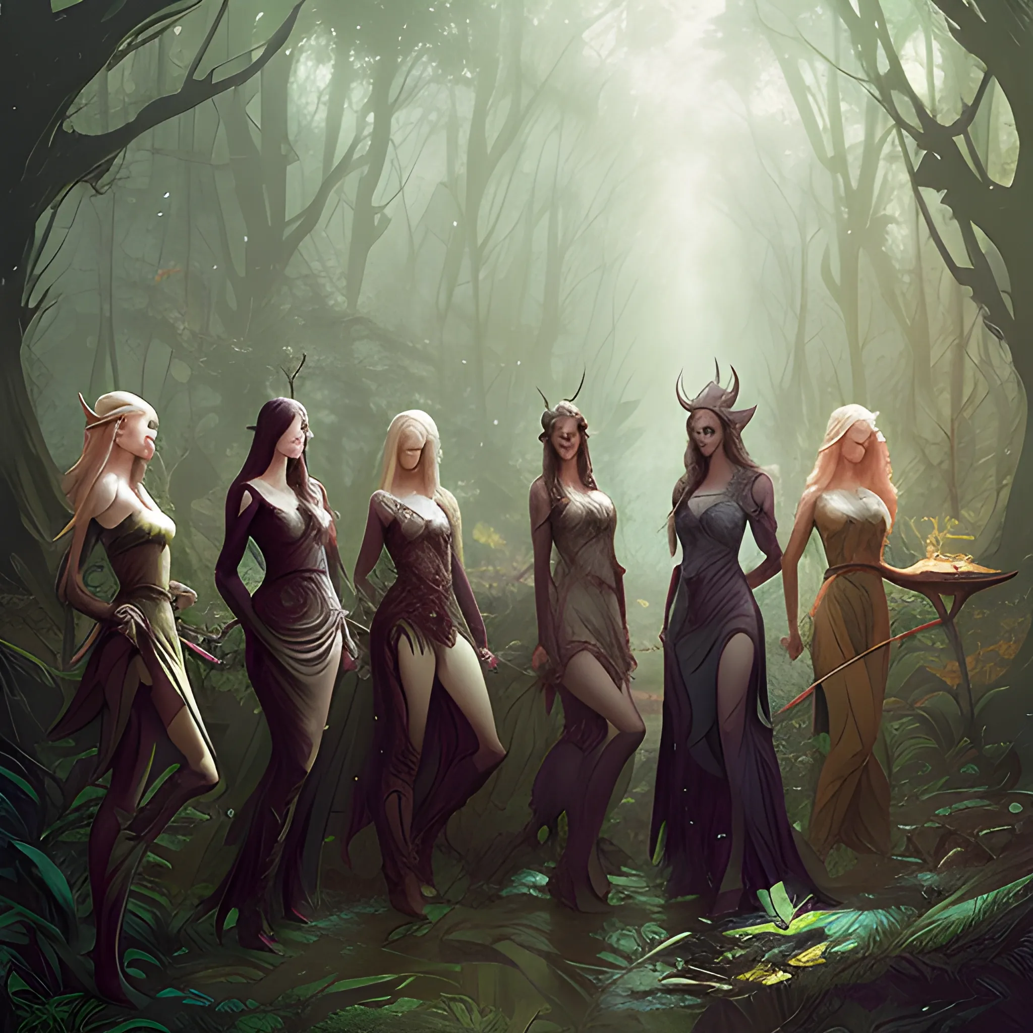 realistic, masterpiece, best quality, 1a group of sexy elven women, in the magical forest, art by greg rutkowski and sachin teng