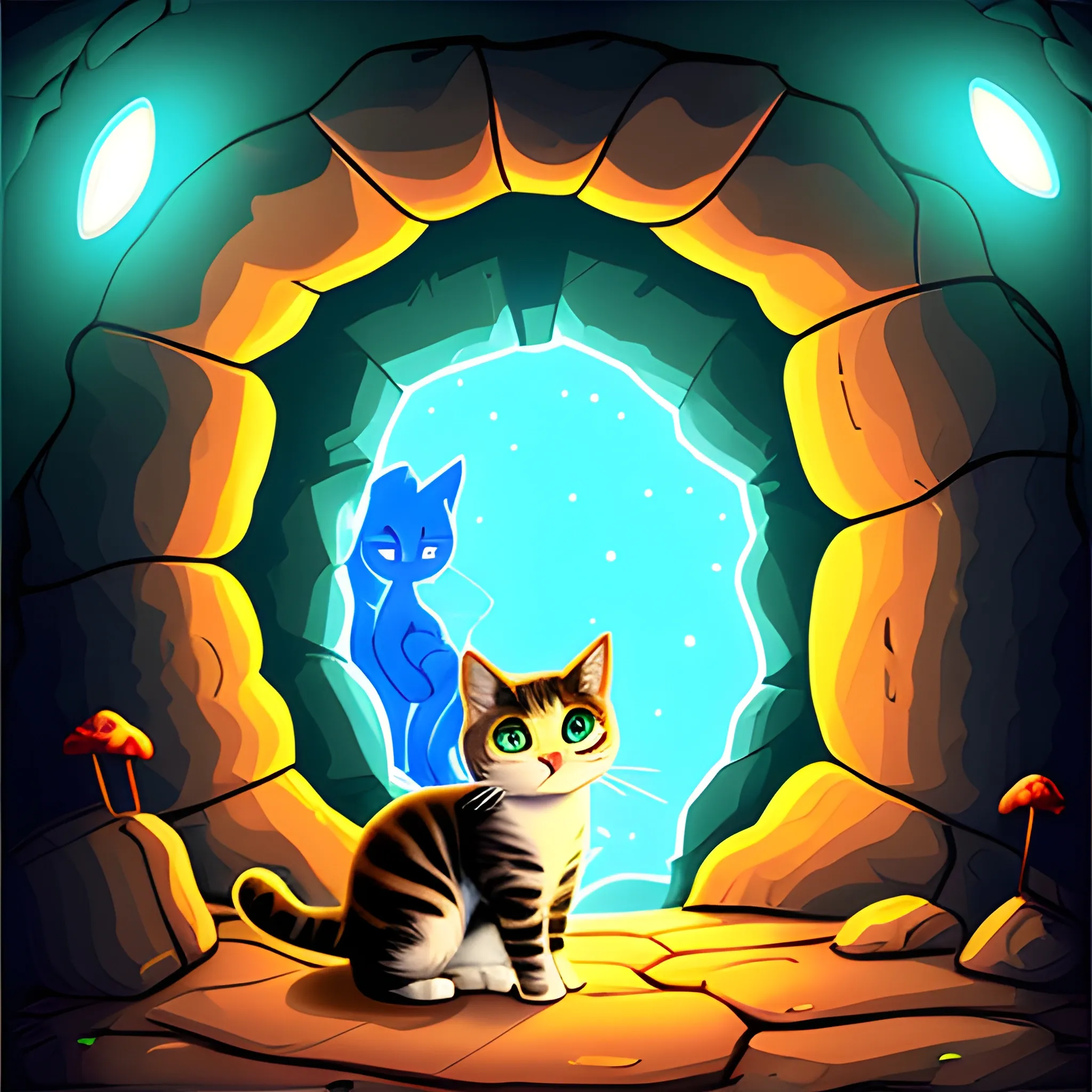 , Cartoon, cat, cave, lights, portal, magic cat