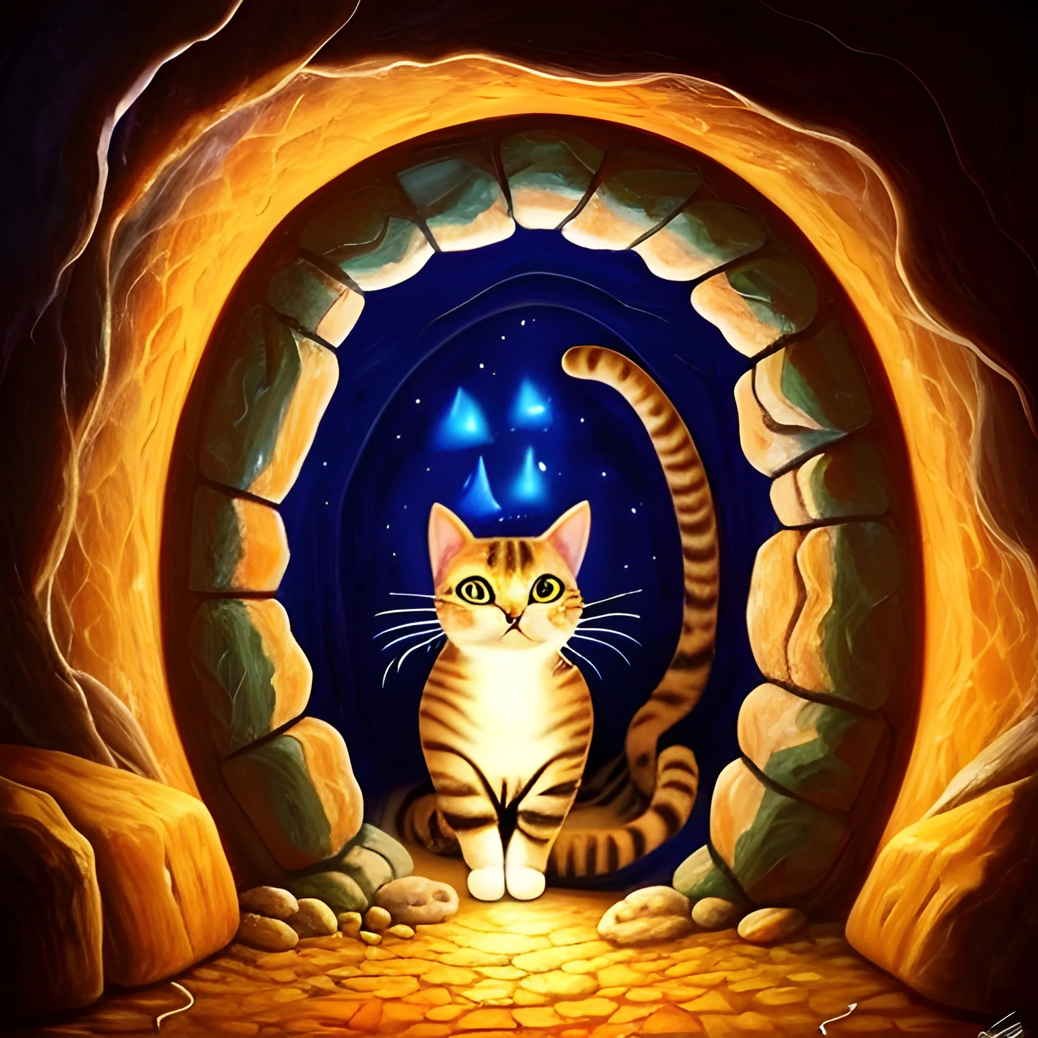 , Cartoon, cat, cave, lights, portal, magic cat, Oil Painting
