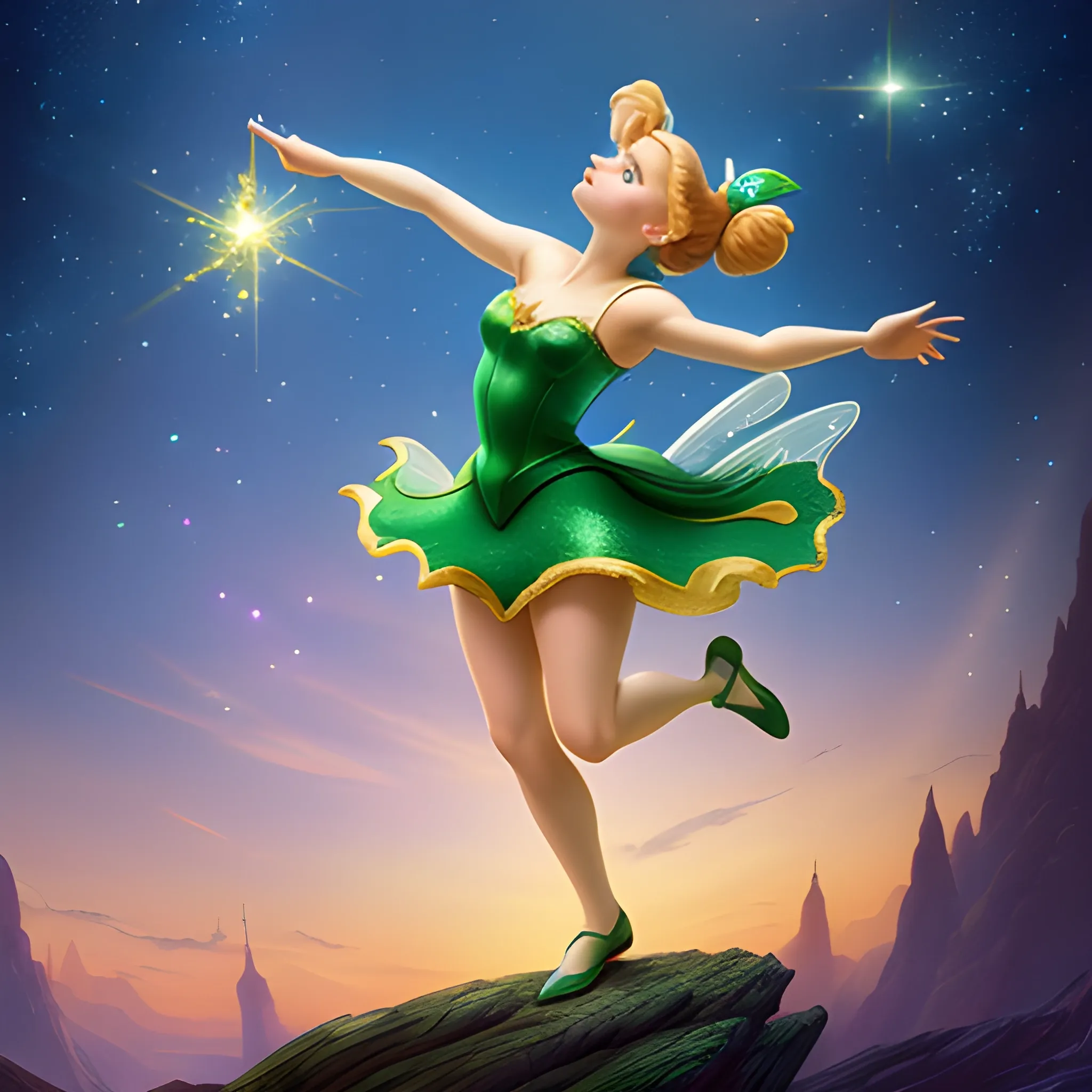 best quality:1.4, masterpiece:1.4, detailed:1.3, 8K, beautiful photo, Tinker Bell from Peter Pan (Disney)