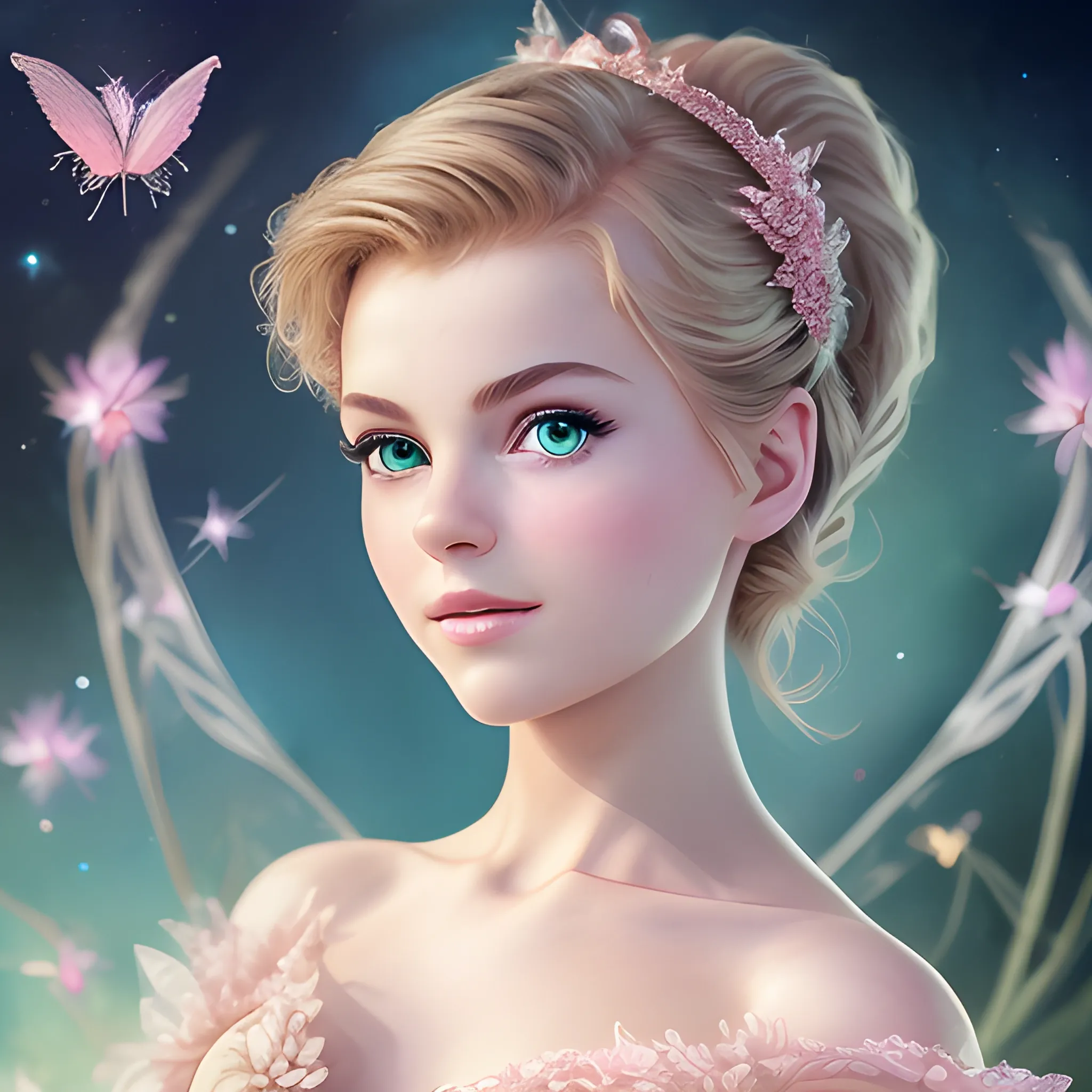 best quality:1.4, masterpiece:1.4, detailed:1.3, 8K, Tinker Bell from Peter Pan, (Masterpiece Photo), Detailed,(Feminine:1.4), (beautiful:1.4), (attractive:1.3), calendar pose, perfectly detailed eyes, studio lighting, thematic background