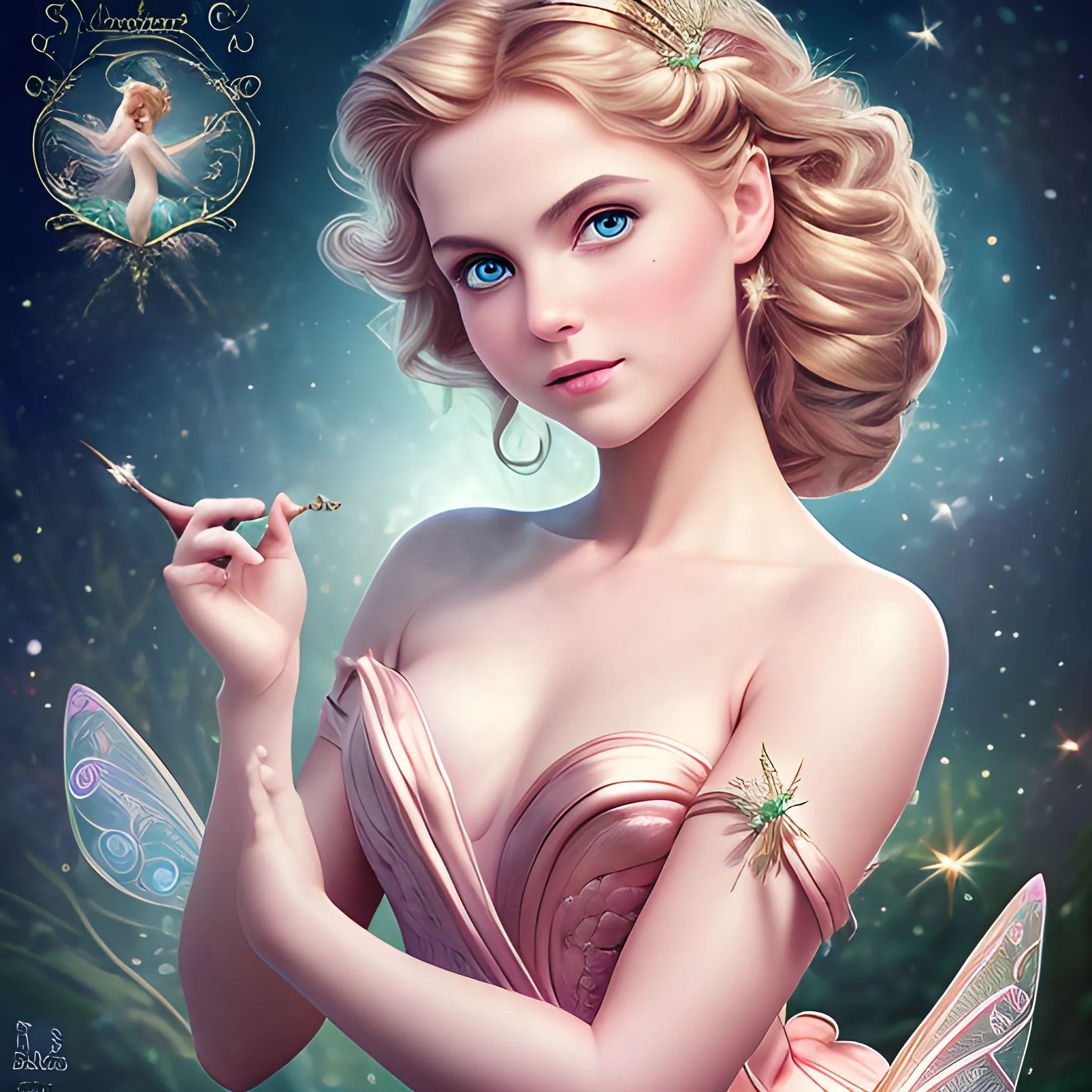 best quality:1.4, masterpiece:1.4, detailed:1.3, 8K, Tinker Bell from Peter Pan, (Masterpiece Photo), Detailed,(Feminine:1.4), (beautiful:1.4), (attractive:1.3), calendar pose, perfectly detailed eyes, studio lighting, thematic background