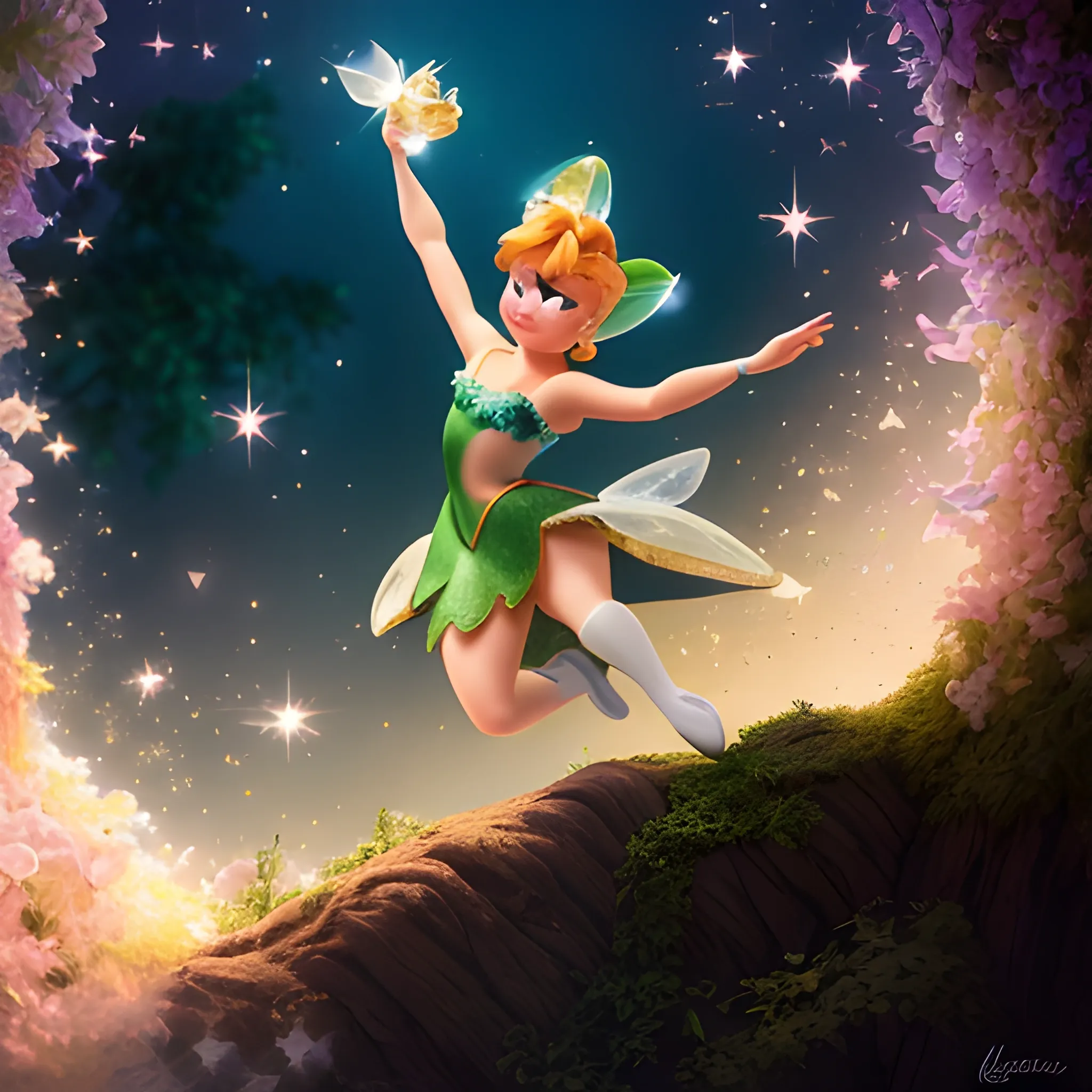 best quality:1.4, masterpiece:1.4, detailed:1.3, 8K, Tinker Bell from Peter Pan, masterpiece, best quality, high contrast, soft lighting, backlighting, bloom, light sparkles, chromatic aberration, smooth, sharp focus