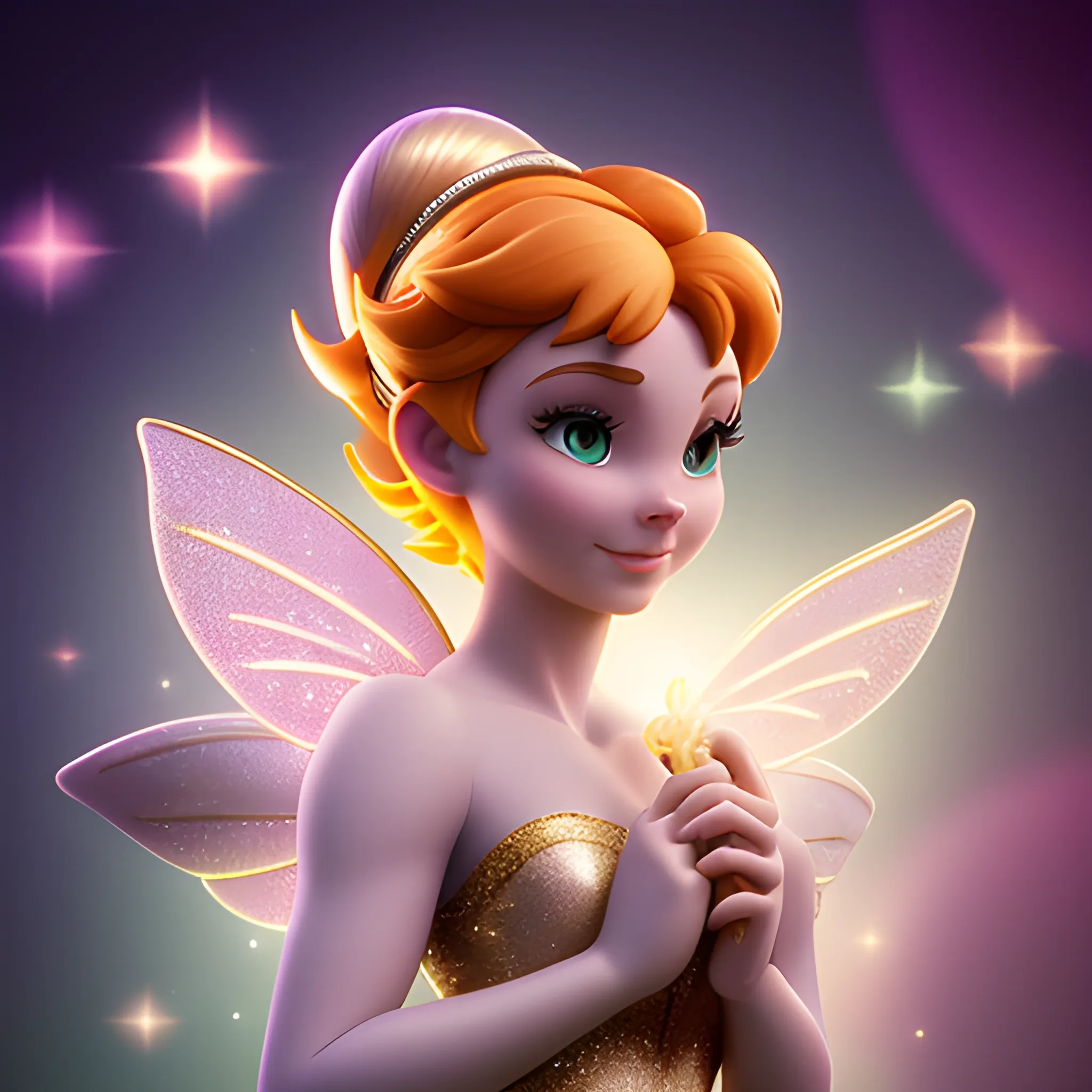 best quality:1.4, masterpiece:1.4, detailed:1.3, 8K, Tinker Bell from Peter Pan, masterpiece, best quality, high contrast, soft lighting, backlighting, bloom, light sparkles, chromatic aberration, smooth, sharp focus