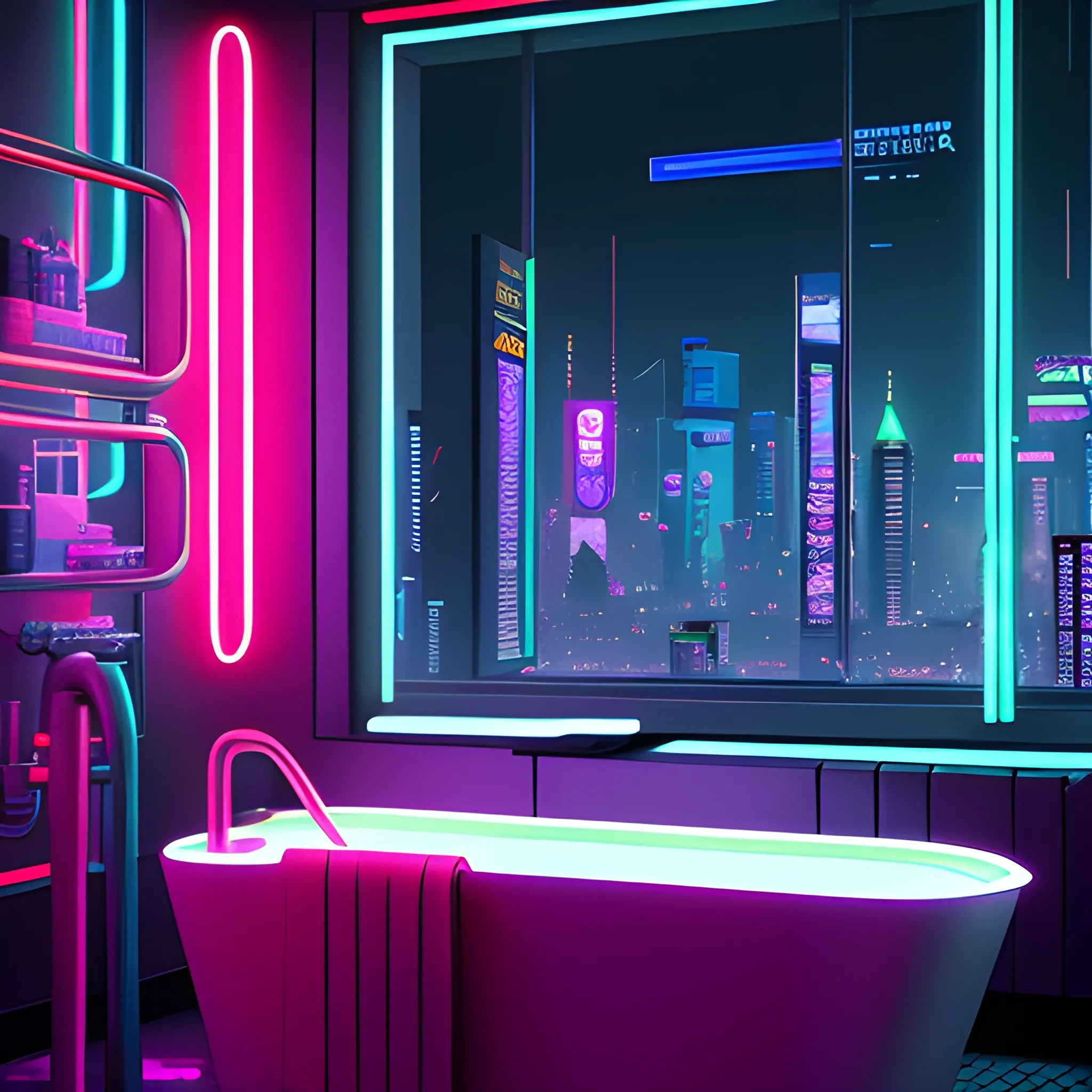 « inside a men room, cyberpunk vibe, neon glowing lights, sharp focus, photorealistic, unreal engine 5, men in the bed, window that shows the skyscrapers in the background » , Trippy