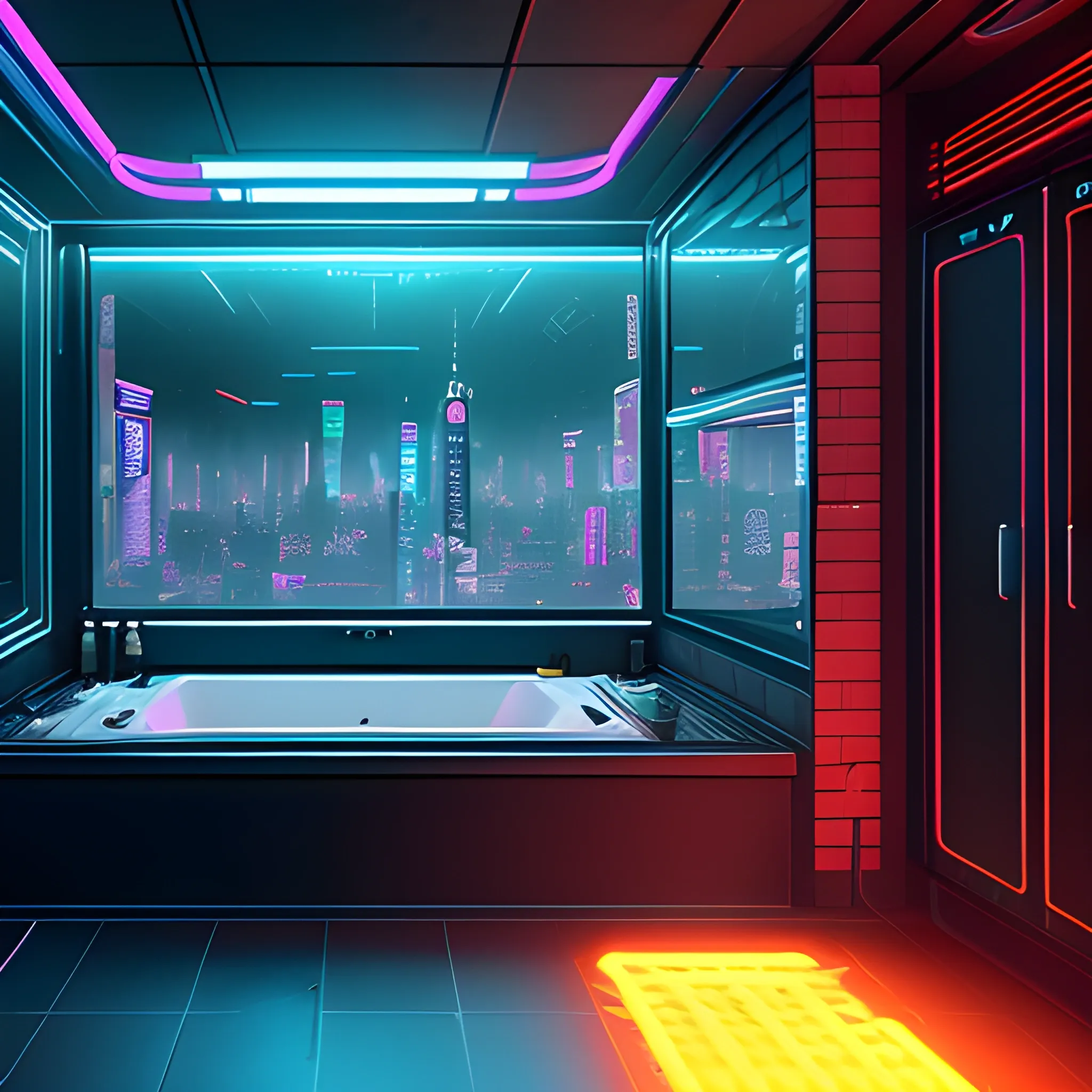 « inside a men room, cyberpunk vibe, neon glowing lights, sharp focus, photorealistic, unreal engine 5, gentleman the bed, window that shows the skyscrapers in the background »