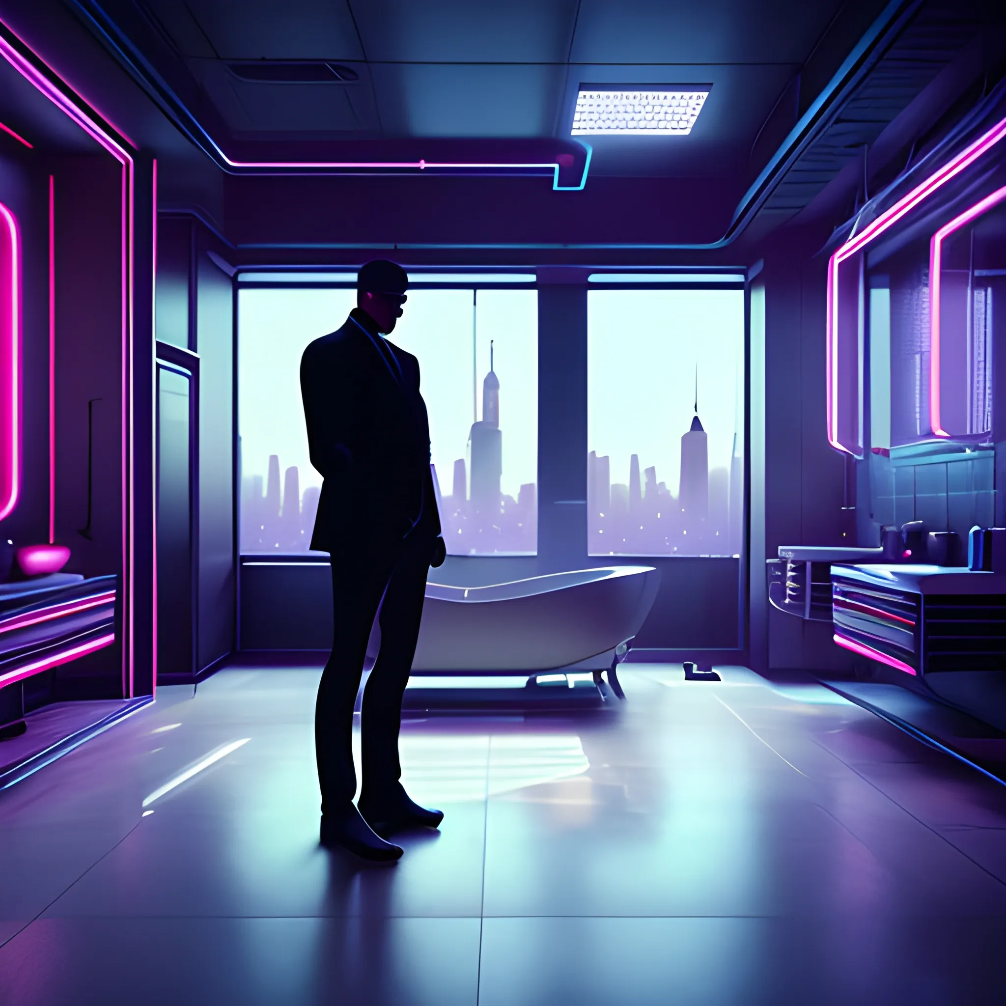 « inside a men room, men silhouette, cyberpunk vibe, neon glowing lights, sharp focus, photorealistic, unreal engine 5, gentleman the bed, window that shows the skyscrapers in the background », Trippy