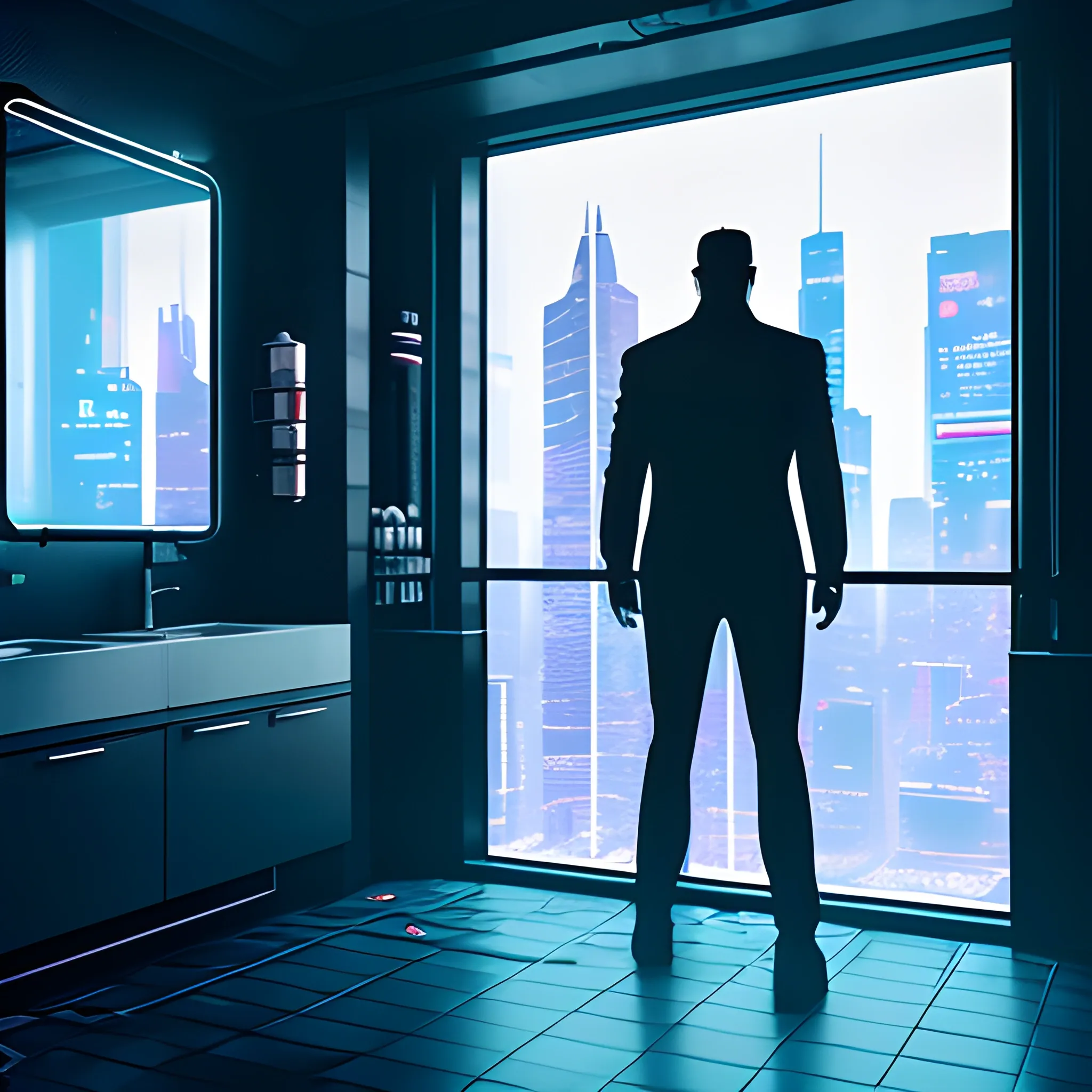 « inside a men room, men silhouette, cyberpunk vibe, neon glowing lights, sharp focus, photorealistic, unreal engine 5, gentleman the bed, window that shows the skyscrapers in the background », Trippy