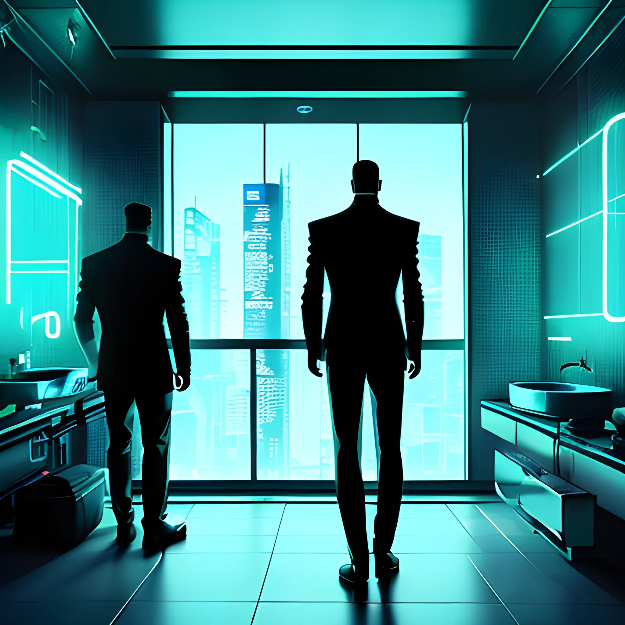 « inside a men room, men silhouette, cyberpunk vibe, neon glowing lights, sharp focus, photorealistic, unreal engine 5, gentleman the bed, window that shows the skyscrapers in the background », Trippy