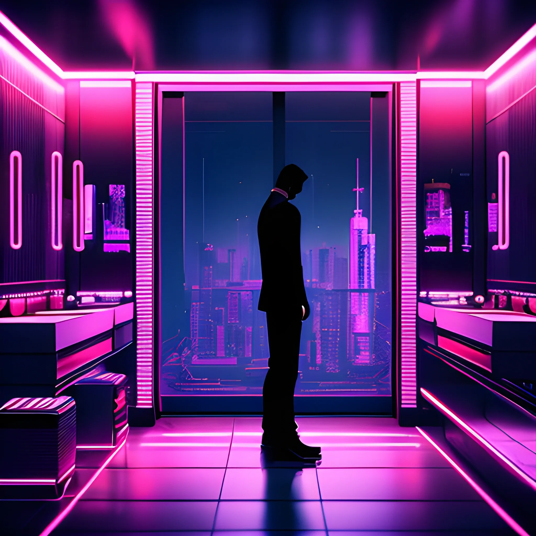 « inside a men room, men silhouette, cyberpunk vibe, neon glowing lights, sharp focus, photorealistic, unreal engine 5, gentleman the bed, window that shows the skyscrapers in the background », Trippy