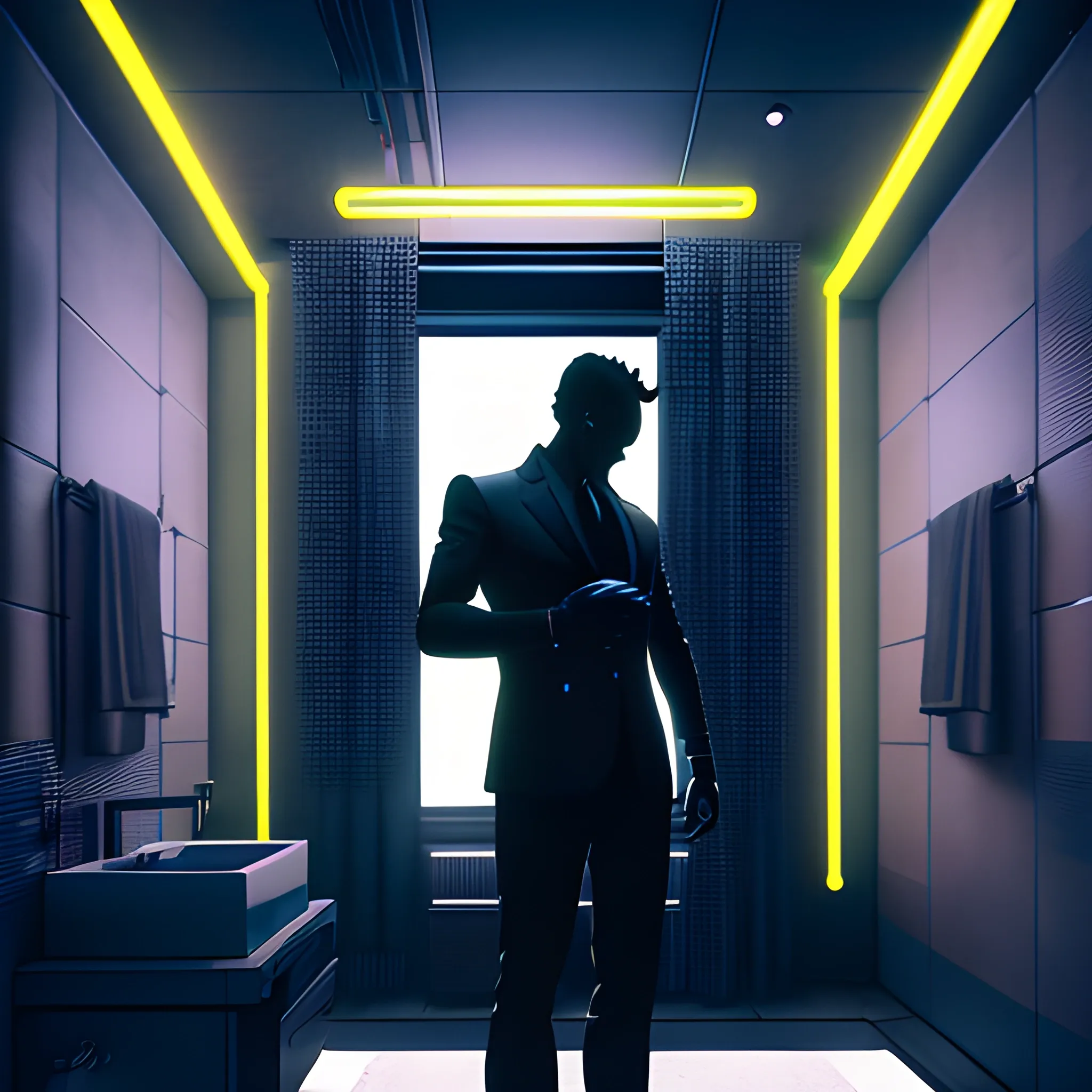 « inside a men room, men silhouette, cyberpunk vibe, neon glowing lights, sharp focus, photorealistic, unreal engine 5, gentleman the bed, window that shows the skyscrapers in the background », Trippy