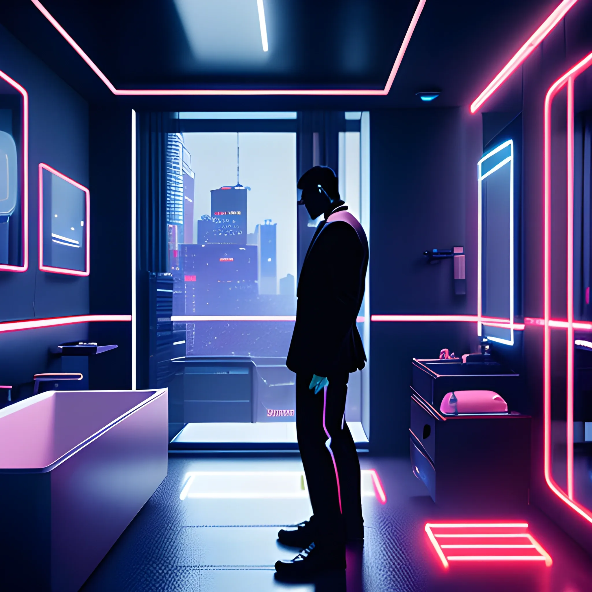 « inside a men room, men silhouette, cyberpunk vibe, neon glowing lights, sharp focus, photorealistic, unreal engine 5, gentleman the bed, window that shows the skyscrapers in the background , 3D