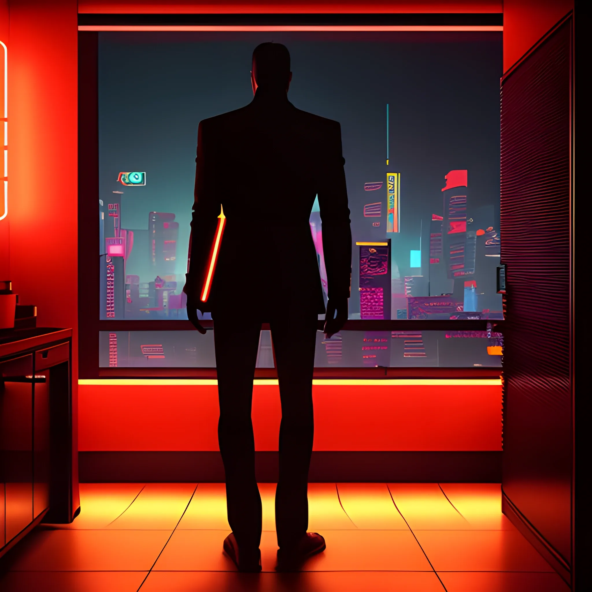 « inside a men room, men silhouette, cyberpunk vibe, neon glowing lights, sharp focus, photorealistic, unreal engine 5, gentleman the bed, window that shows the skyscrapers in the background , , Cartoon