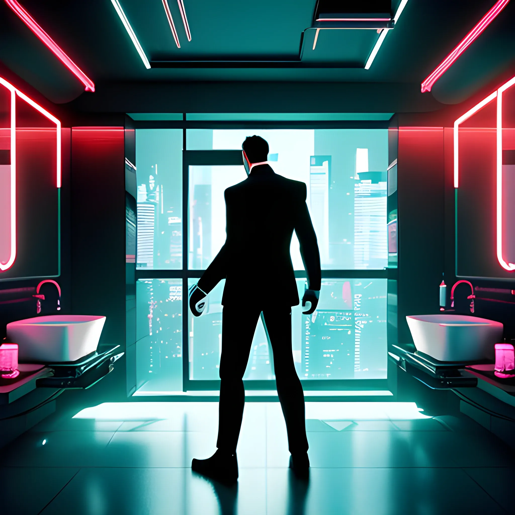« inside a men room, men silhouette, cyberpunk vibe, neon glowing lights, sharp focus, photorealistic, unreal engine 5, gentleman the bed, window that shows the skyscrapers in the background , , Cartoon