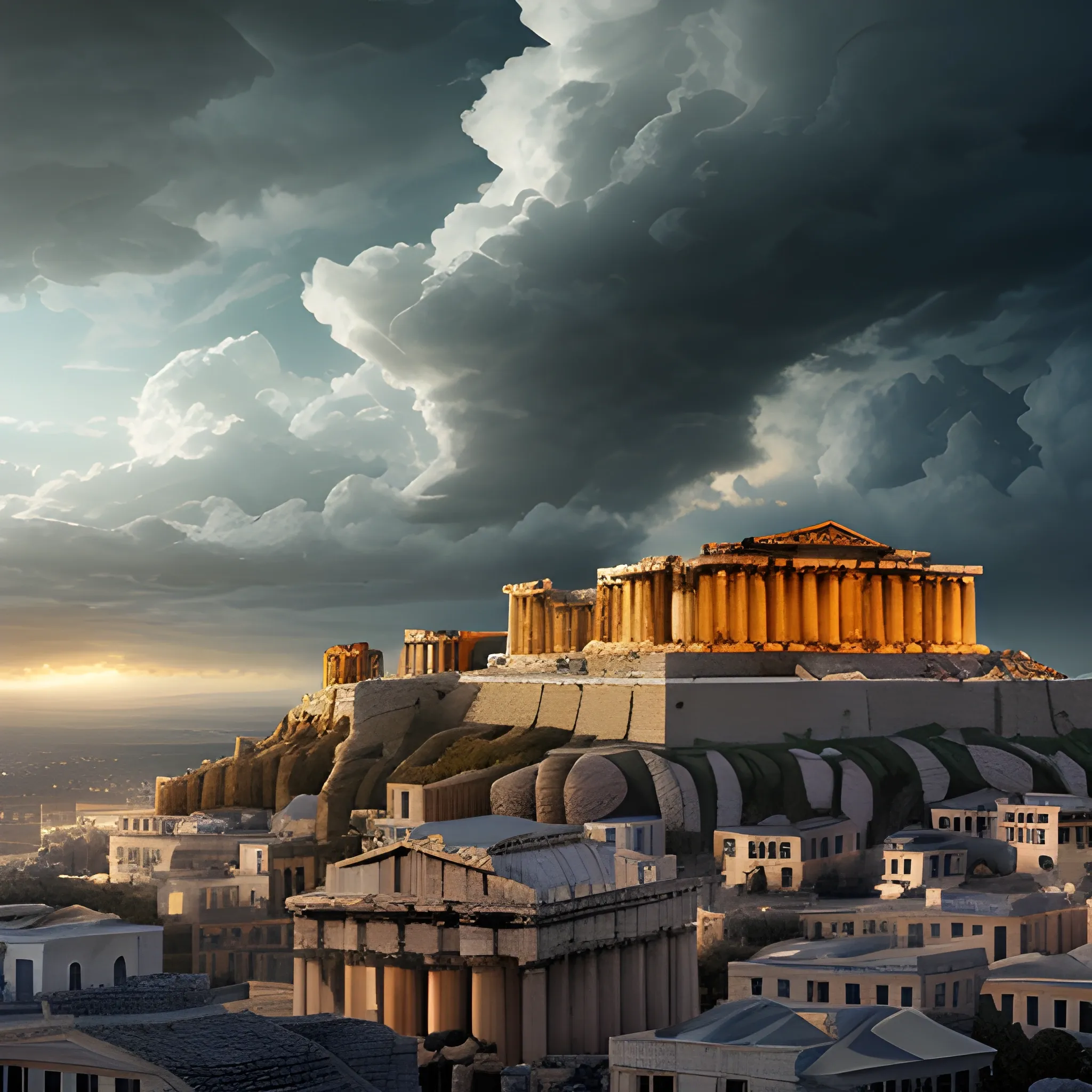 panoramic view, acropolis city, in the sky, surrounded by clouds, scary atmosphere, horror movie lighting, ancient greek architectural details, detailed environment, hyper realistic, cinematic lighting, devilish city, detailed clouds, decay, rot, details 8k, wide angle, 3D