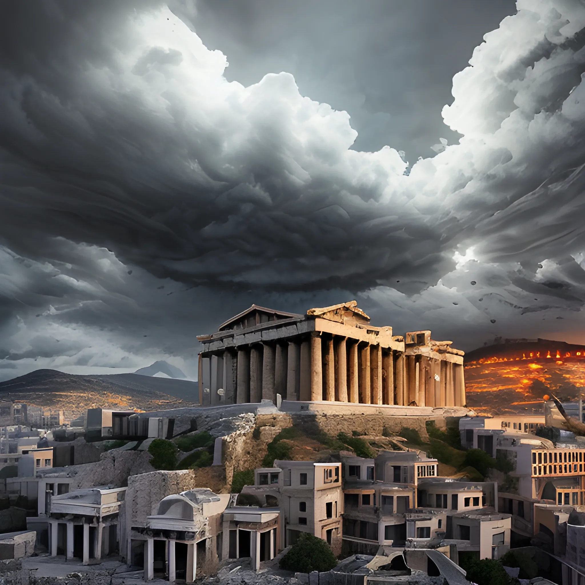 panoramic view, acropolis city, in the sky, surrounded by clouds, scary environment, dark aspect, terror, fear, horror movie lighting, ancient greek architectural details, detailed environment, hyper realistic, devilish city, detailed clouds, decay , rot, 8k details, wide angle, 3d