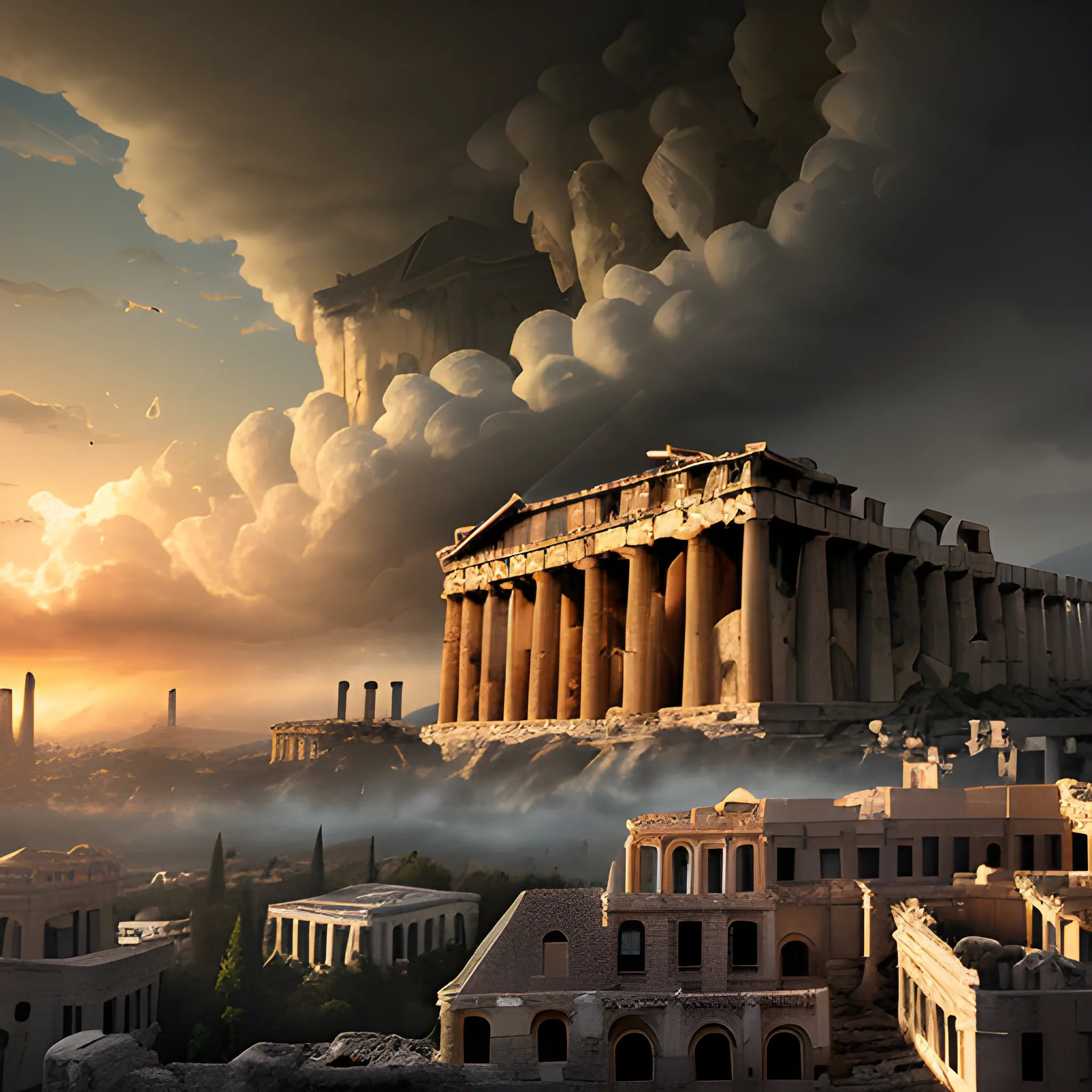 panoramic view, acropolis city, destroyed city, ruined city, fire, in the sky, surrounded by clouds, spooky environment, dark aspect, terror, fear, horror movie lighting, ancient greek architectural details, detailed environment, hyper realistic, devil city, detailed clouds, decay, rot, 8k details, wide angle, 3d