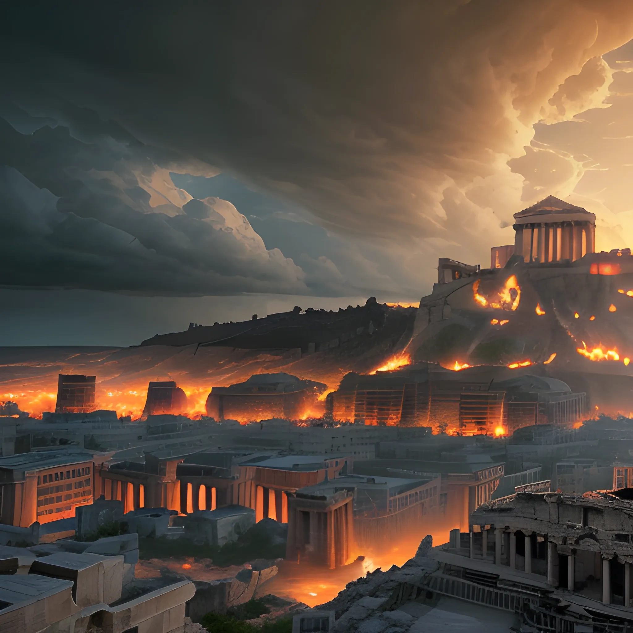 panoramic view, acropolis city, destroyed city, ruined city, fire, in the sky, surrounded by clouds, spooky environment, dark aspect, terror, fear, horror movie lighting, ancient greek architectural details, detailed environment, hyper realistic, devil city, detailed clouds, decay, rot, 8k details, wide angle, 3d