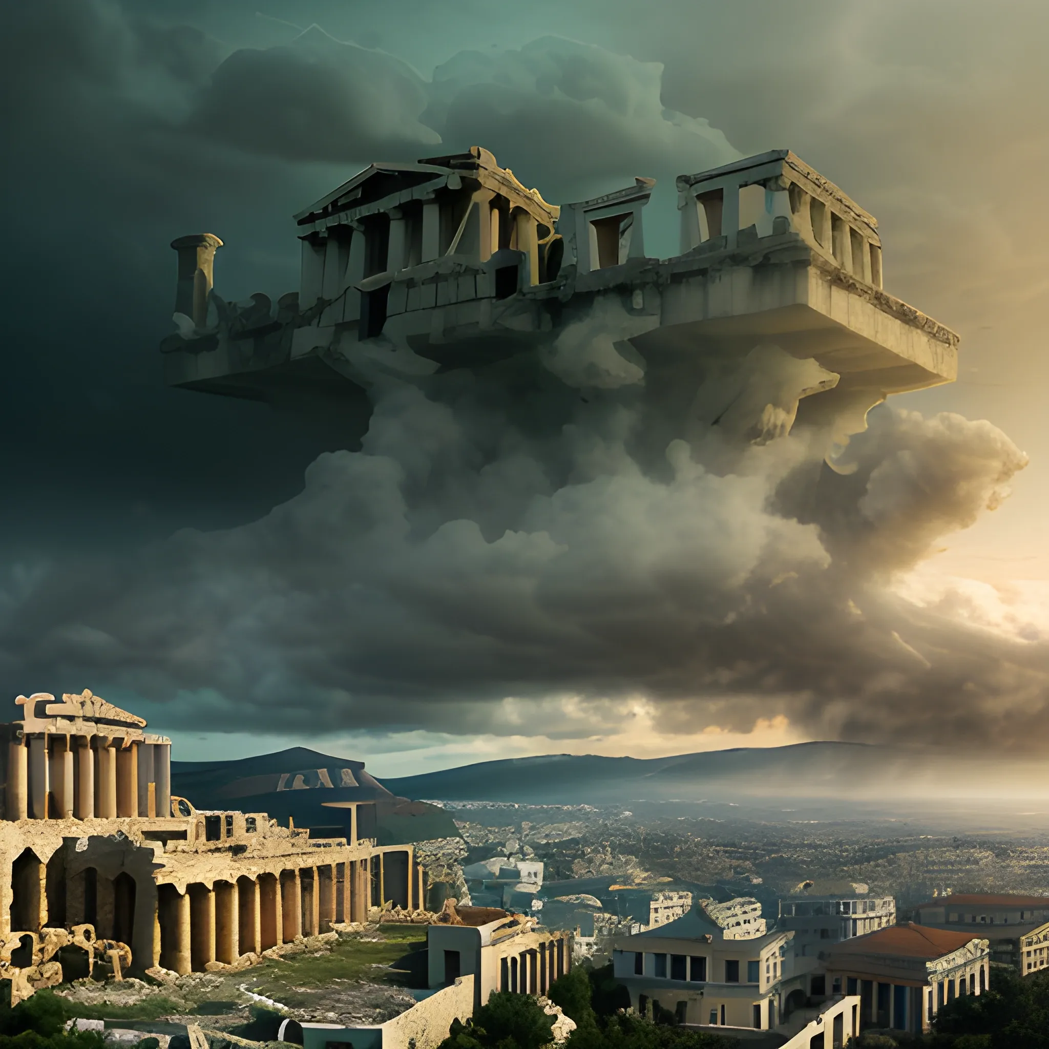 panoramic view, acropolis city, destroyed city, ruined city, fire, in the sky, surrounded by clouds, gloomy atmosphere, rotting atmosphere, green, dark aspect, terror, fear, horror movie lighting, ancient architectural details greece, detailed environment, hyper realistic, devilish city, detailed clouds, decay, rot, 8k details, wide angle, 3d