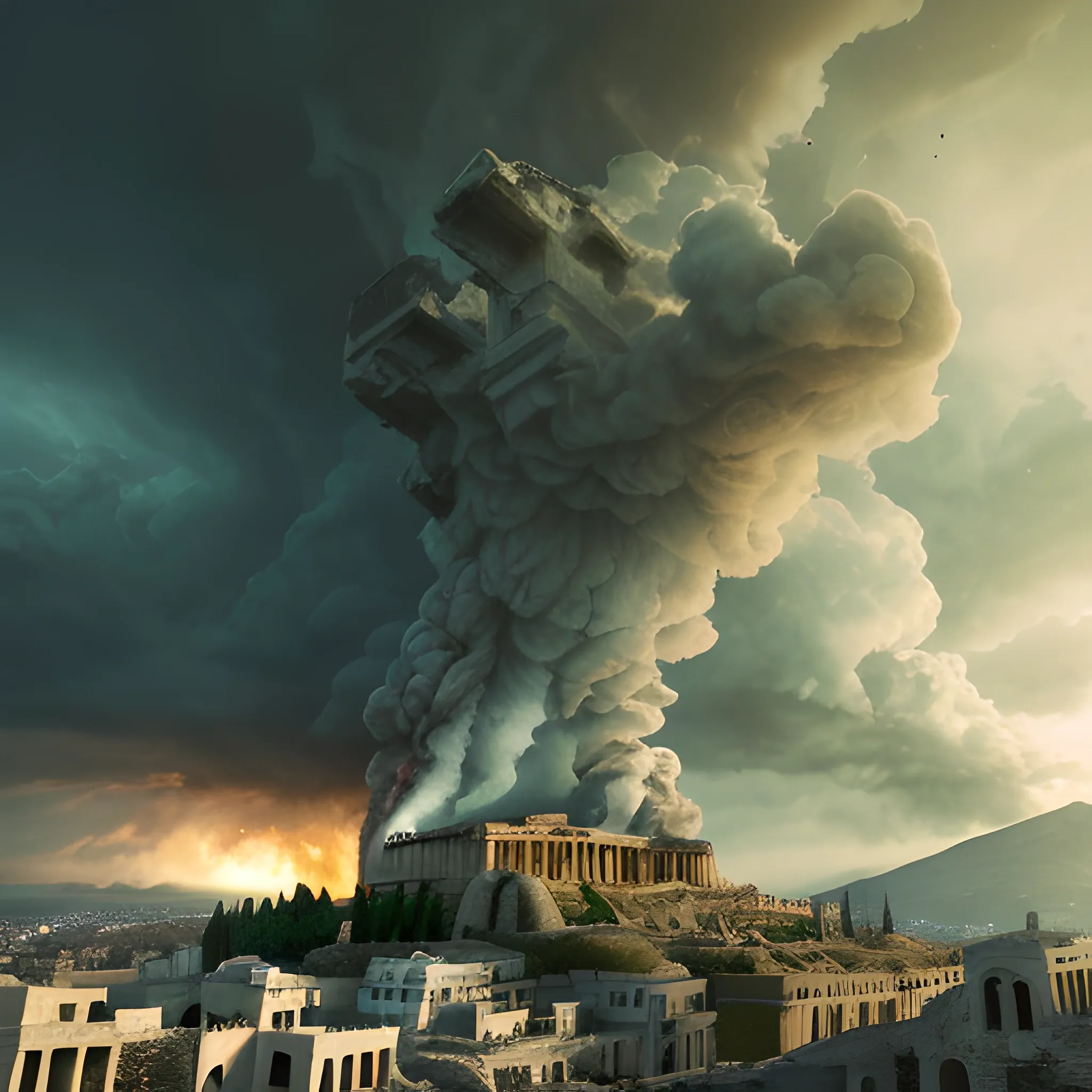panoramic view, acropolis city, destroyed city, ruined city, fire, in the sky, surrounded by clouds, gloomy atmosphere, rotting atmosphere, green, dark aspect, terror, fear, horror movie lighting, ancient architectural details greece, detailed environment, hyper realistic, devilish city, detailed clouds, decay, rot, 8k details, wide angle, 3d