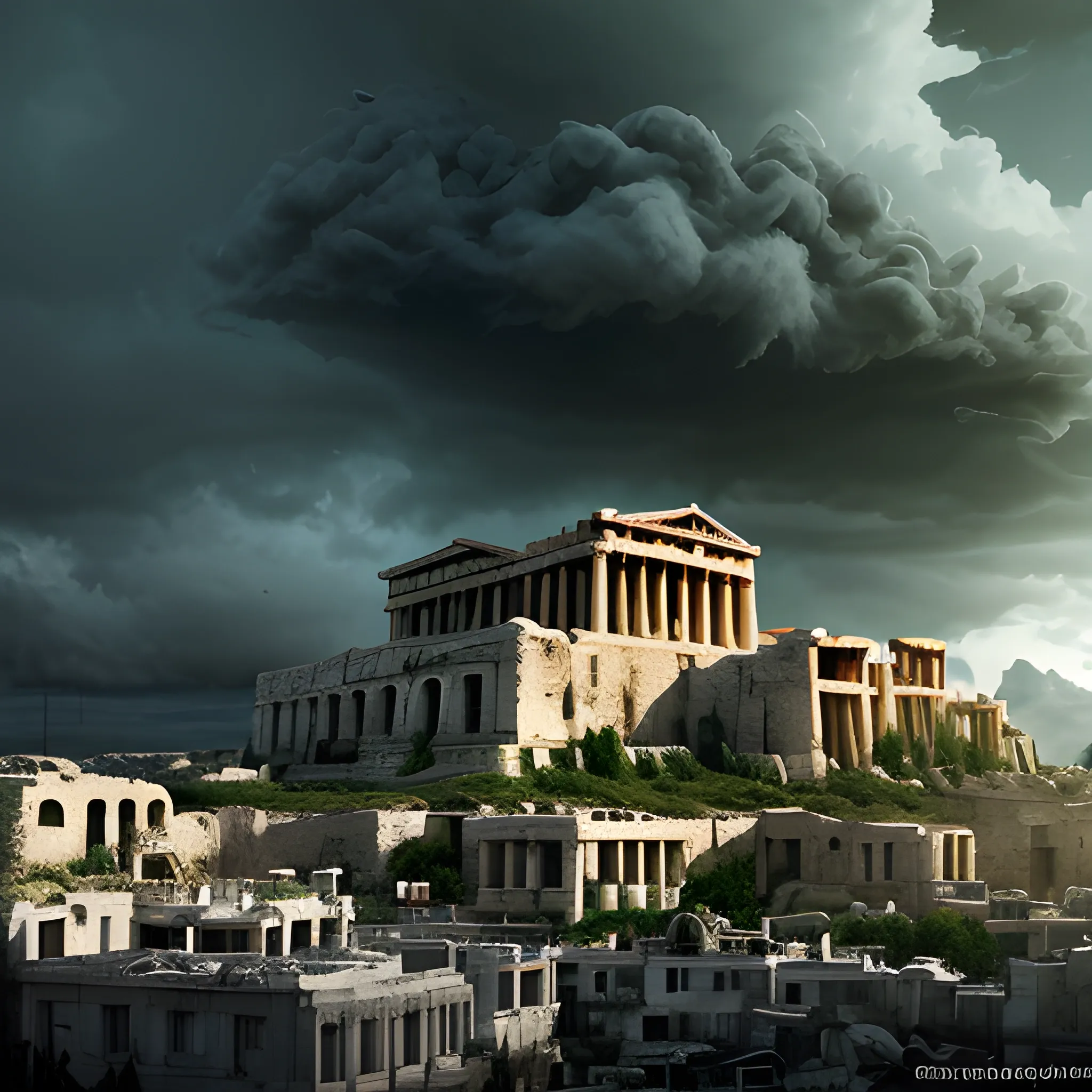 panoramic view, acropolis city, destroyed city, in the sky, surrounded by clouds, dark atmosphere, destruction, rotting atmosphere, green, dark aspect, terror, fear, horror movie lighting, ancient greek architectural details, detailed environment , hyper realistic, devil city, detailed clouds, decay, rot, 8k details, wide angle, 3D