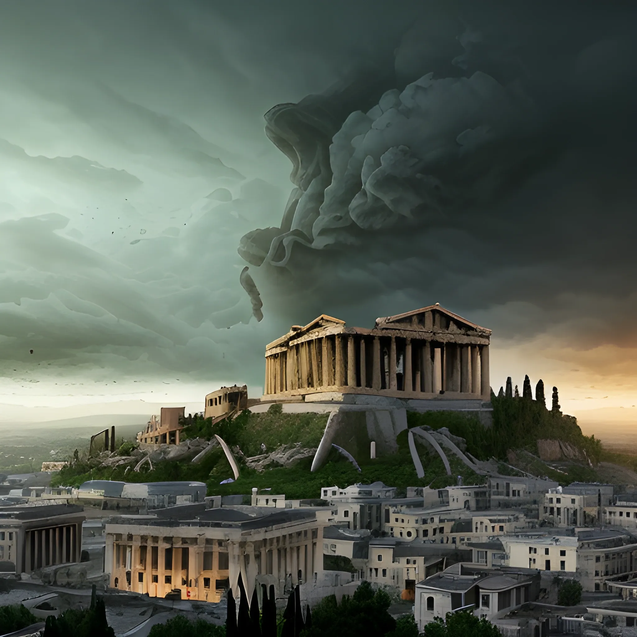 panoramic view, acropolis city, destroyed city, in the sky, surrounded by clouds, dark atmosphere, destruction, rotting atmosphere, green, dark aspect, terror, fear, horror movie lighting, ancient greek architectural details, detailed environment , hyper realistic, devil city, detailed clouds, decay, rot, 8k details, wide angle, 3D