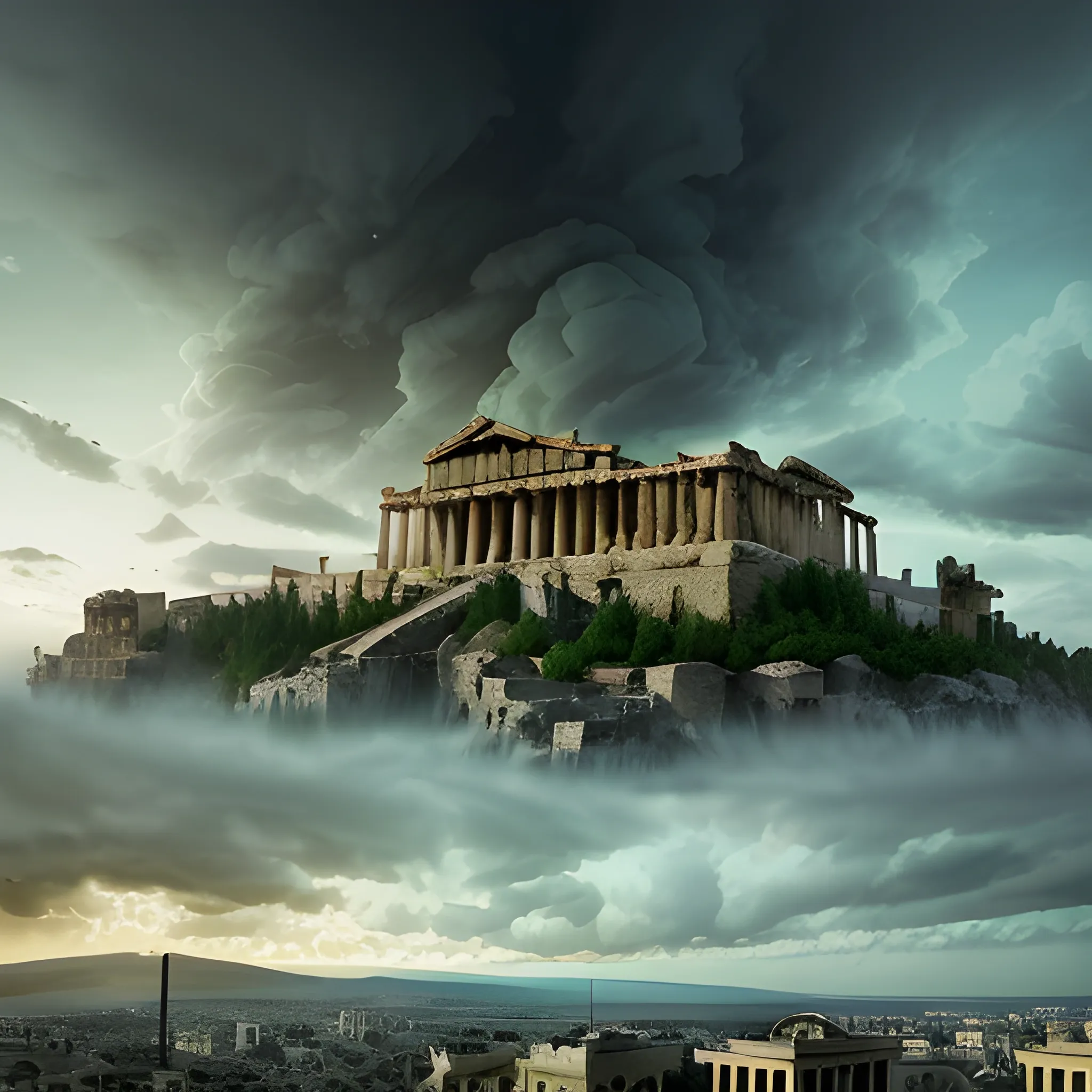 panoramic view, acropolis city, destroyed city, in the sky, surrounded by clouds, gloomy atmosphere, destruction, rotting environment, green, night, darkness, dead vegetation, terror, fear, horror movie lighting, ancient architectural details greece, detailed environment, hyper realistic, devilish city, detailed clouds, decay, rot, 8k details, wide angle, 3d