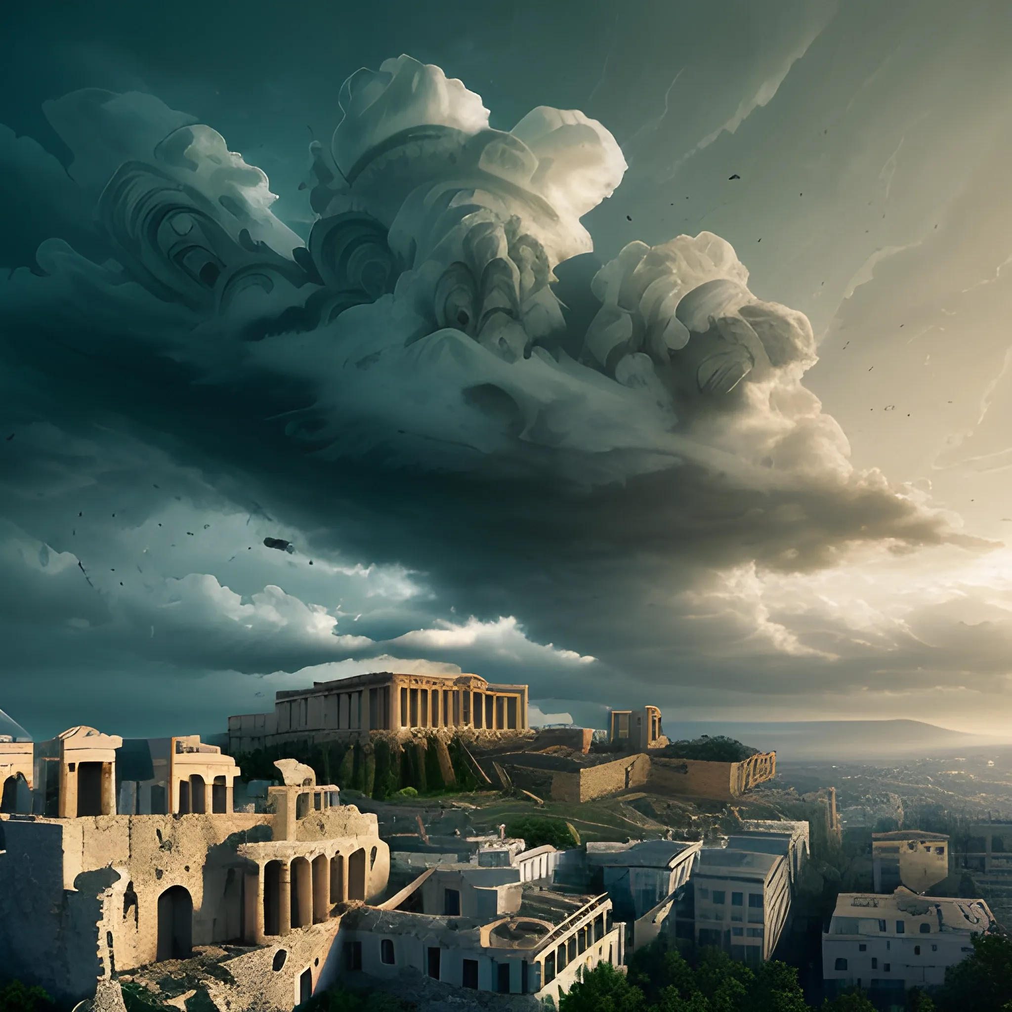 panoramic view, acropolis city, destroyed city, in the sky, surrounded by clouds, gloomy atmosphere, destruction, rotting environment, green, night, darkness, dead vegetation, terror, fear, horror movie lighting, ancient architectural details greece, detailed environment, hyper realistic, devilish city, detailed clouds, decay, rot, 8k details, wide angle, 3d