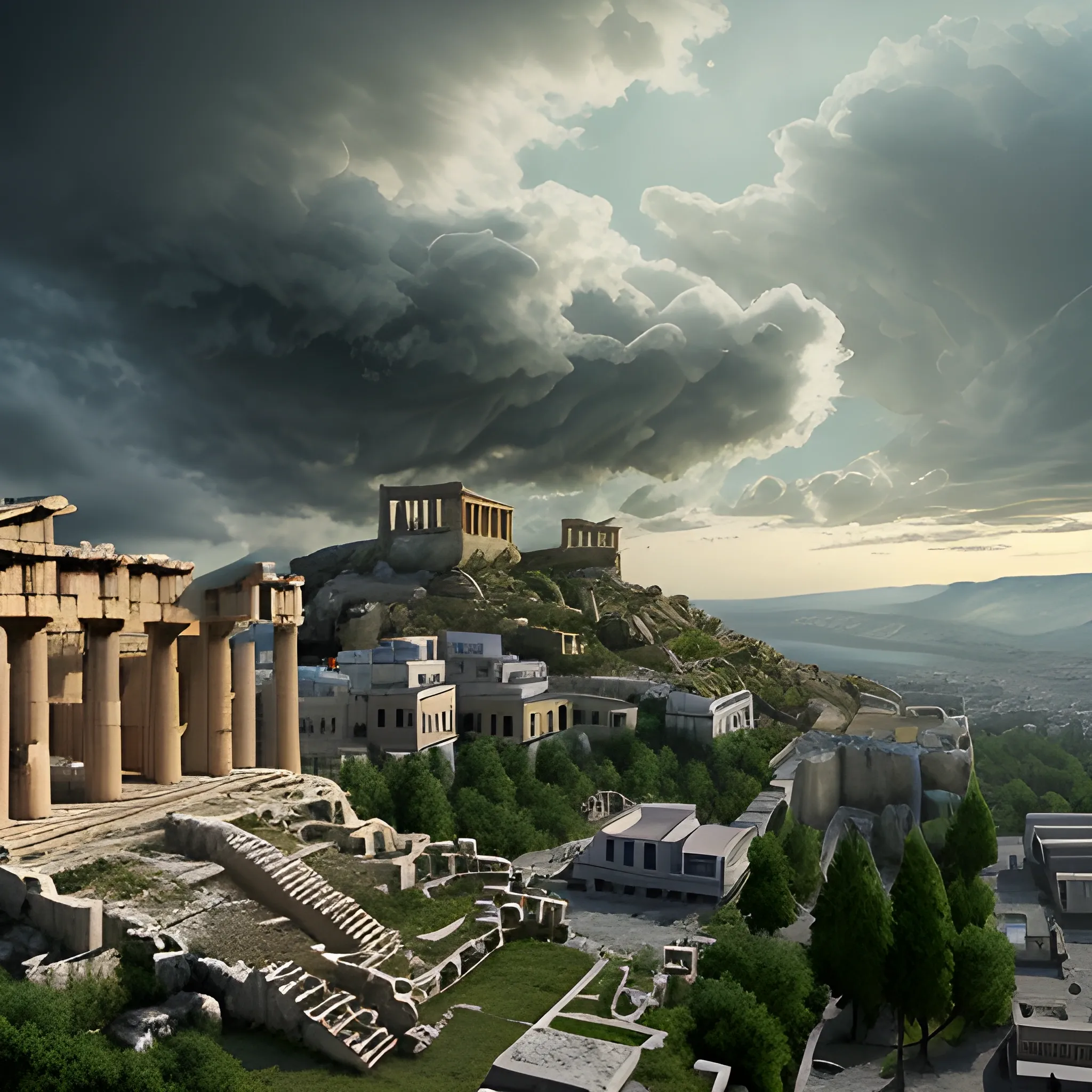 panoramic view, city of acropolis, destroyed city, on a high mountain, surrounded by clouds, dark atmosphere, destruction, rotting environment, green, night, darkness, dead vegetation, terror, fear, horror movie lighting, ancient architectural details greece, detailed environment, hyper realistic, devilish city, detailed clouds, decay, rot, 8k details, wide angle, 3d