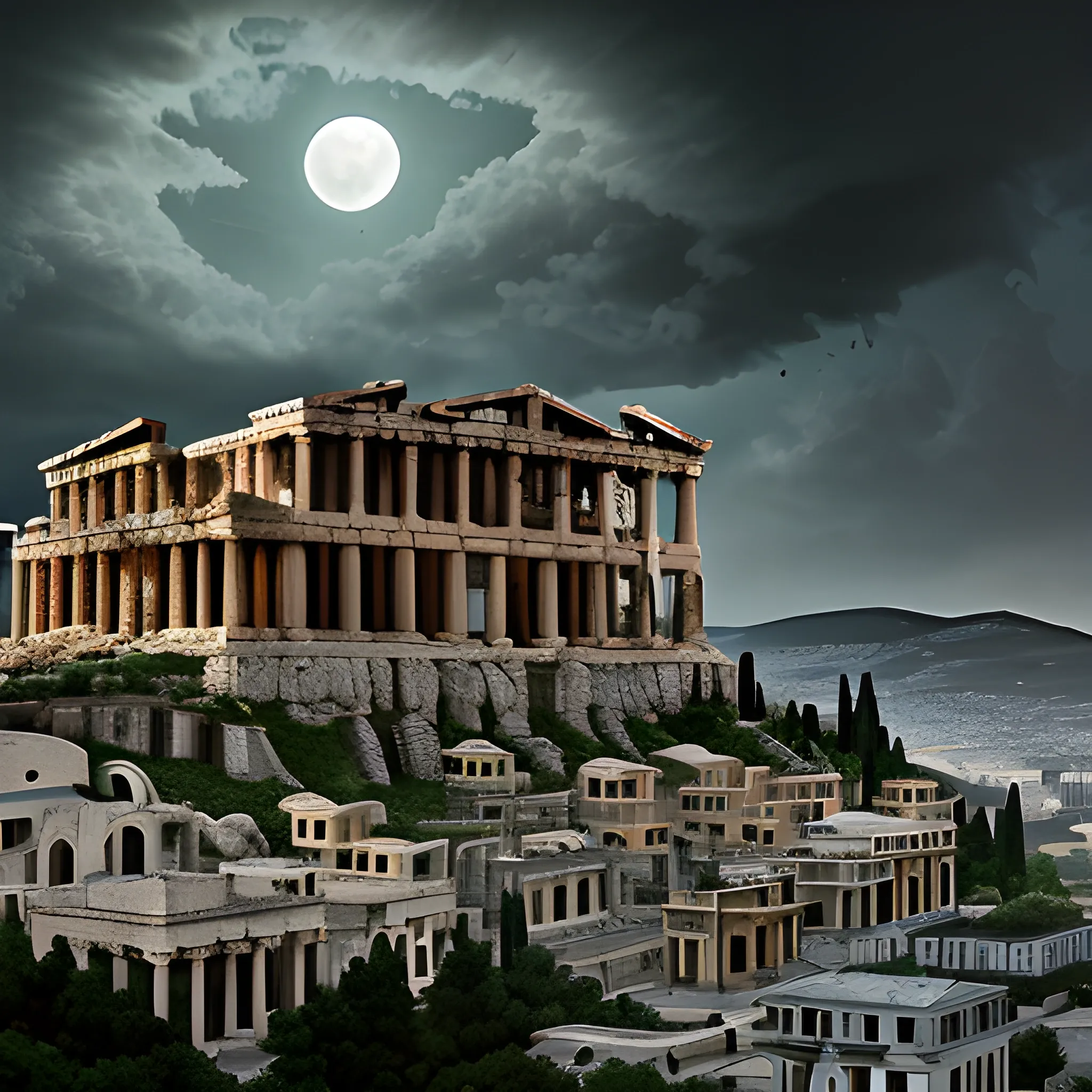 panoramic view, city of acropolis, destroyed city, on a high mountain, surrounded by clouds, dark atmosphere, destruction, putrefaction, green, night, darkness, dead vegetation, terror, fear, dark lighting, terror, moon, darkness, ruins, destroyed , death, ancient greek architectural details, detailed environment, hyper realistic, devilish city, decay, rot, 8k details, wide angle, 3d