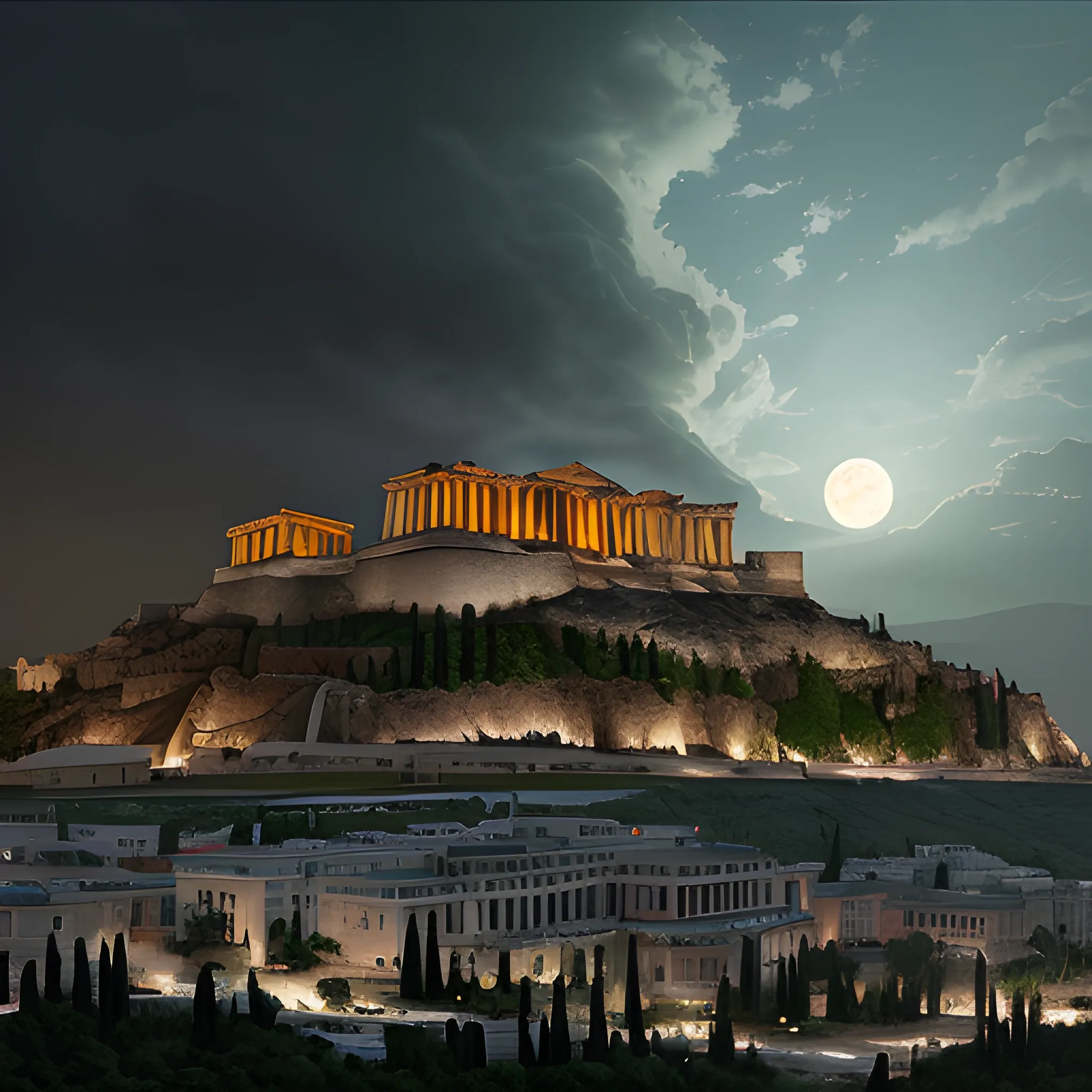 panoramic view, city of acropolis, destroyed city, on a high mountain, surrounded by clouds, dark atmosphere, destruction, putrefaction, green, night, darkness, dead vegetation, terror, fear, dark lighting, terror, moon, darkness, ruins, destroyed , death, ancient greek architectural details, detailed environment, hyper realistic, devilish city, decay, rot, 8k details, wide angle, 3d