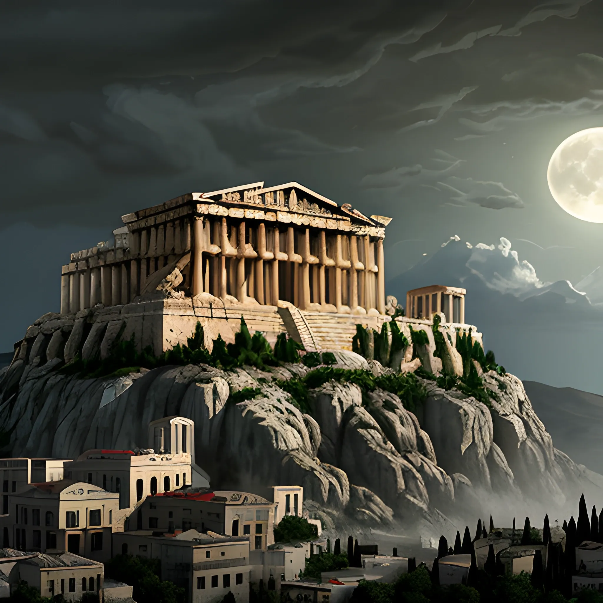 city of acropolis, on a high mountain, destroyed city, surrounded by clouds, dark environment, place of terror, dim lights, destruction, rot, green, night, darkness, dead vegetation, terror, fear, dark lighting, terror, moon, darkness , ruins, destroyed, death, ancient greece architectural details, detailed environment, hyper realistic, devil city, decay, rot, 8k details, wide angle, 3d, panoramic view, slasher style