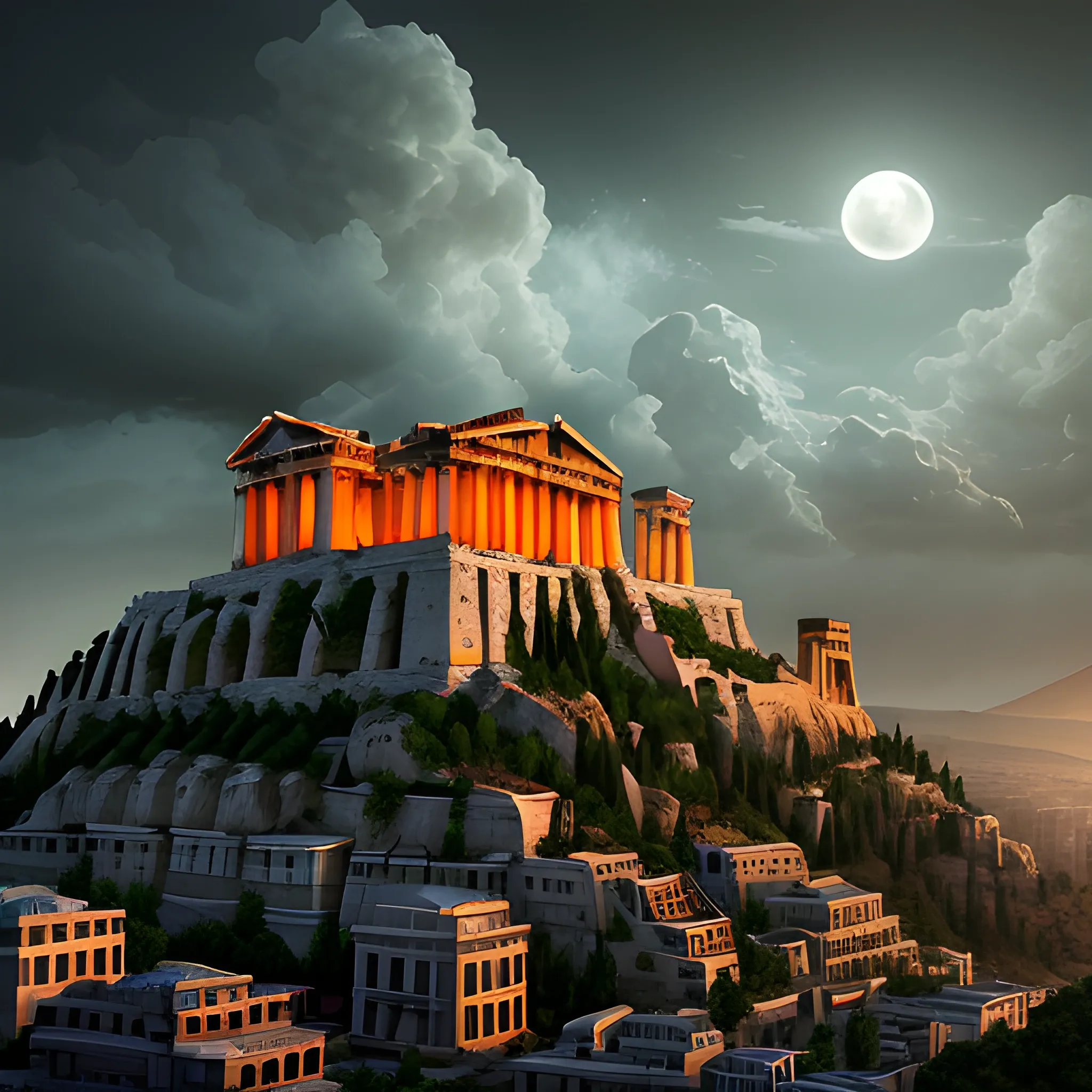 city of acropolis, on a high mountain, destroyed city, surrounded by clouds, dark environment, place of terror, dim lights, destruction, rot, green, night, darkness, dead vegetation, terror, fear, dark lighting, terror, moon, darkness , ruins, destroyed, death, ancient greece architectural details, detailed environment, hyper realistic, devil city, decay, rot, 8k details, wide angle, 3d, panoramic view, slasher style