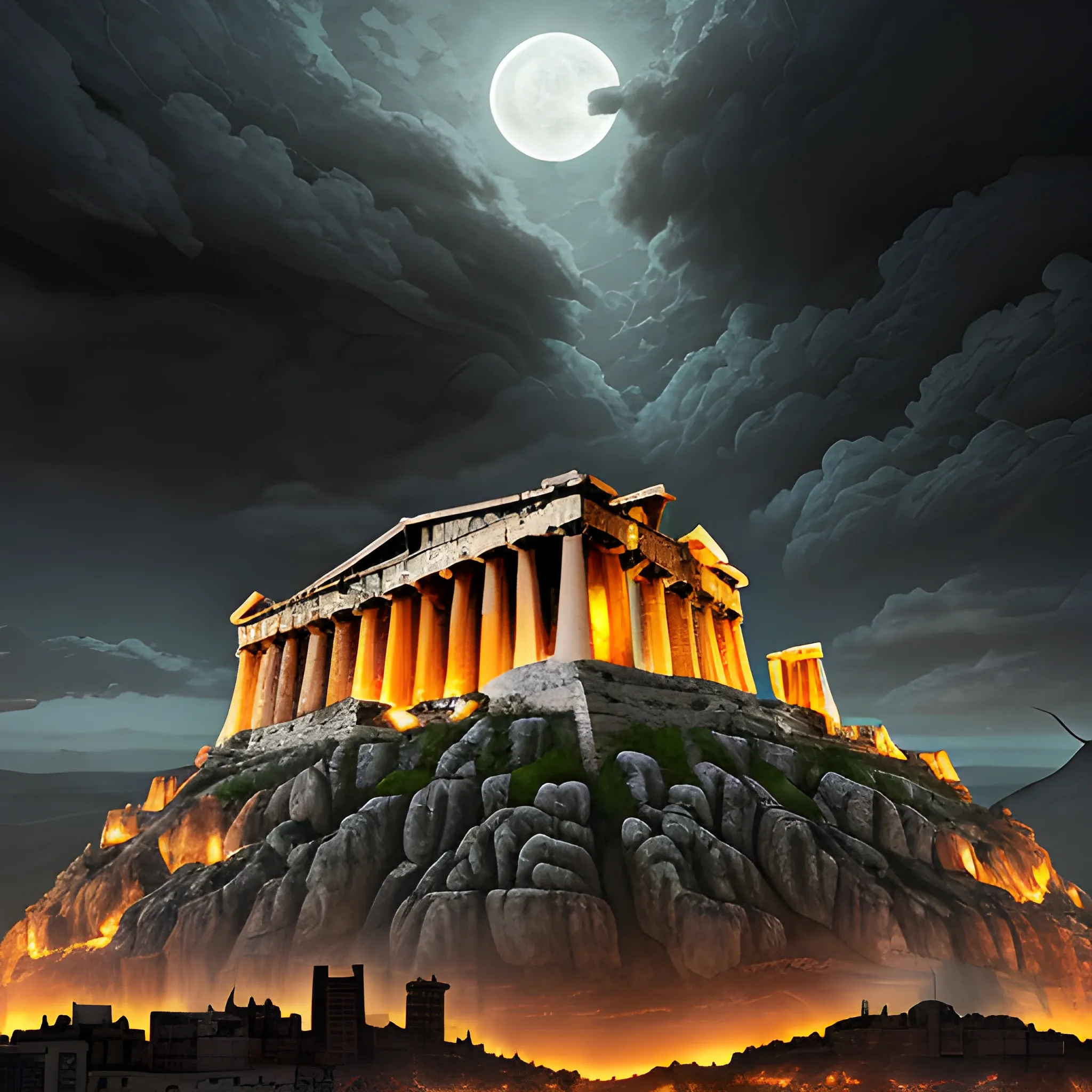 city of acropolis, on a high mountain, destroyed city, surrounded by clouds, dark environment, place of terror, dim lights, destruction, putrefaction, green, night, darkness, dead vegetation, moor, rotten fauna, terror, fear, dark lighting, terror, moon, darkness, ruins, destroyed, death ancient greece architectural details, detailed environment, hyper realistic, devil city, decay, rot, 8k details, wide angle, 3d, panoramic view, slasher style