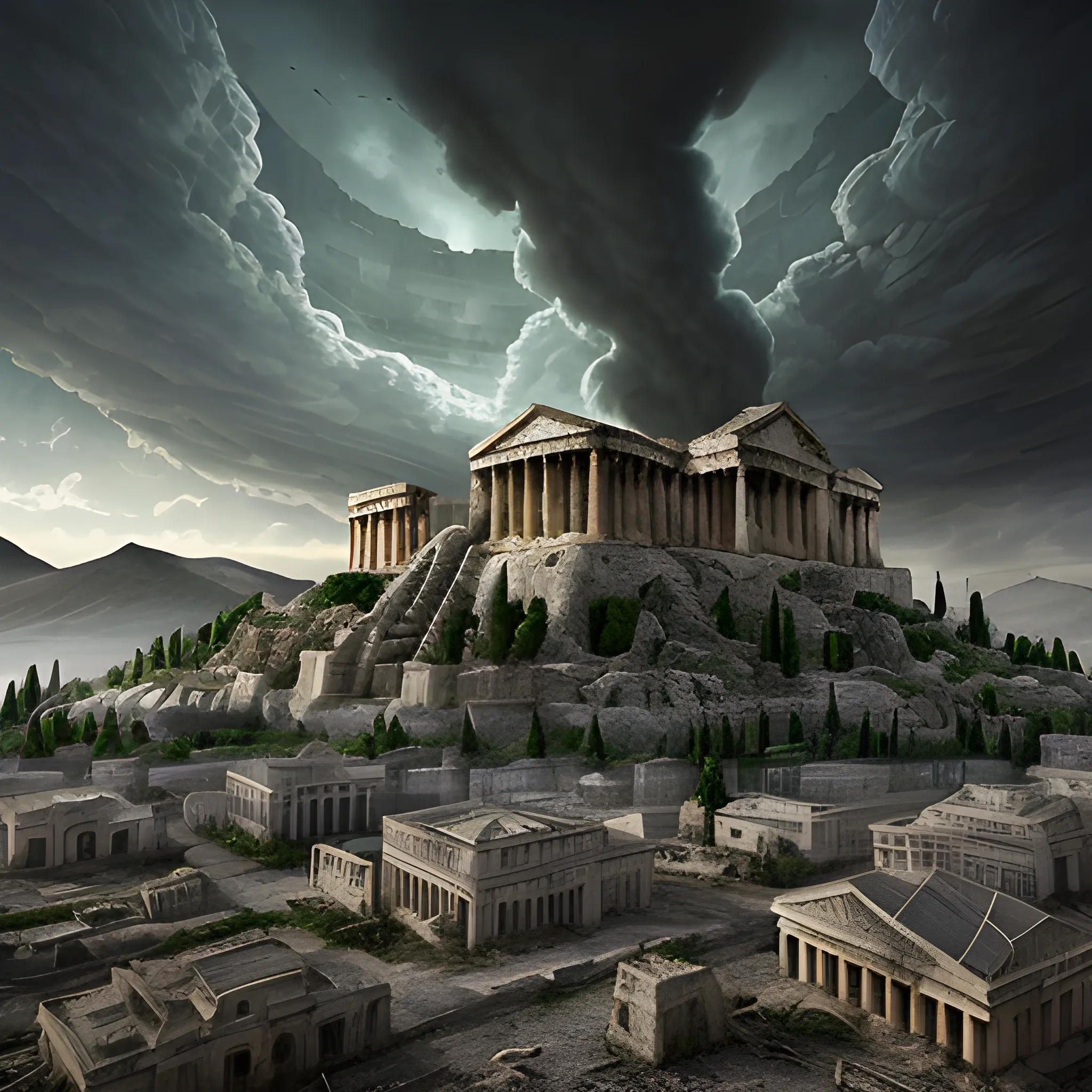 city of acropolis, on a high mountain, destroyed city, surrounded by clouds, dark environment, place of terror, dim lights, destruction, putrefaction, green, night, darkness, dead vegetation, moor, rotten fauna, terror, fear, dark lighting, terror, dark moon, darkness, ruins, destroyed, death, ancient greek architectural details, detailed environment, hyper realistic, destroyed city, decay, rot, 8k details, wide angle, 3d, panoramic view, slasher style