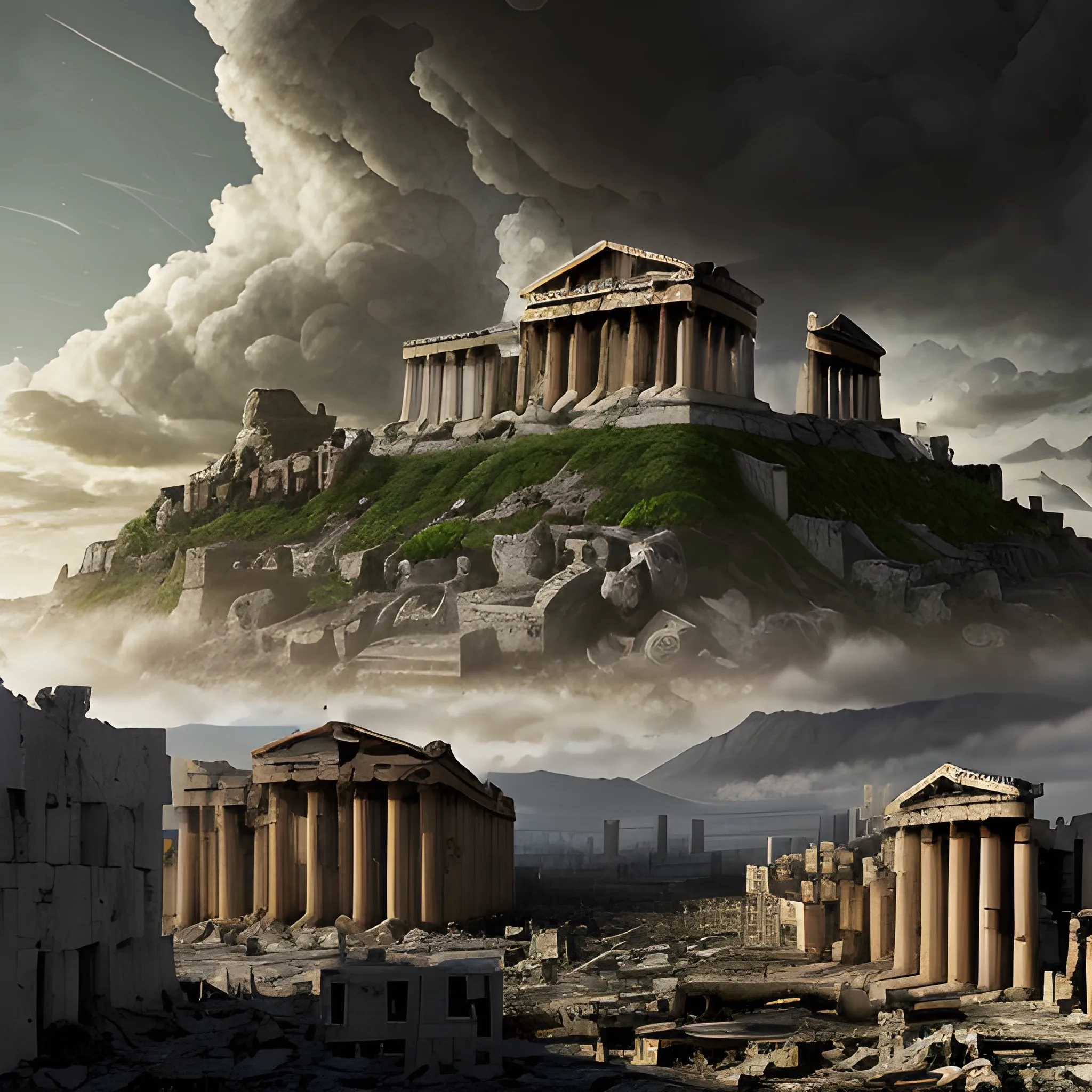 city of acropolis, on a high mountain, destroyed city, surrounded by clouds, dark environment, place of terror, dim lights, destruction, putrefaction, green, night, darkness, dead vegetation, moor, rotten fauna, terror, fear, dark lighting, terror, dark moon, darkness, ruins, destroyed, death, ancient greek architectural details, detailed environment, hyper realistic, destroyed city, decay, rot, 8k details, wide angle, 3d, panoramic view, slasher style