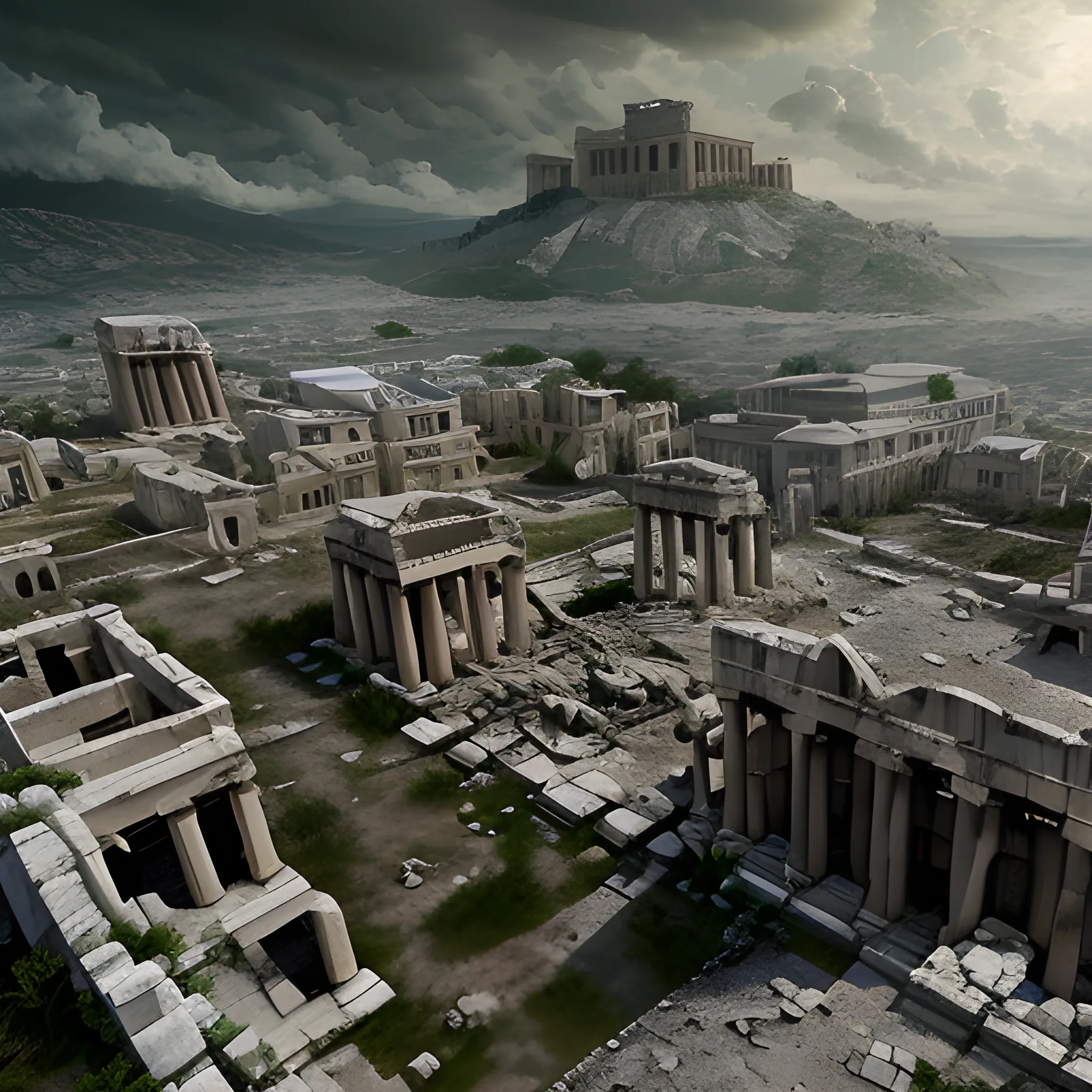 city of acropolis, on a high mountain, destroyed city, surrounded by clouds, dark atmosphere, place of terror, dim lights, destruction, rot, green, night, darkness, dead vegetation, moor, rotten fauna, dry trees, burned grass, grass dead, barren plants, burned trees, terror, fear, dark lighting, terror, dark moon, darkness, ruins, destroyed, death, ancient greek architectural details, detailed environment, hyper realistic, destroyed city, decay, rot, 8k details , wide angle, 3D, panoramic view, slasher style