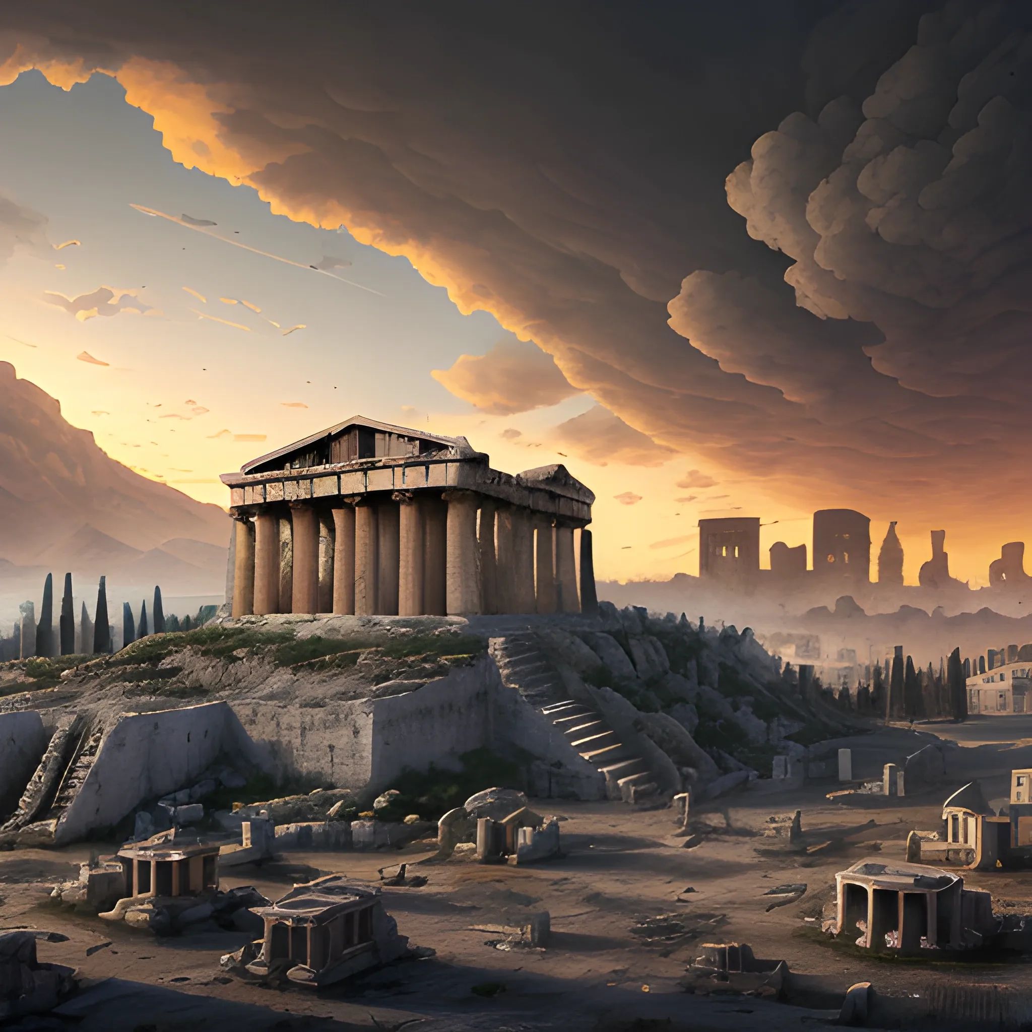 city of acropolis, on a high mountain, destroyed city, surrounded by clouds, dark atmosphere, place of terror, dim lights, destruction, rot, green, night, darkness, dead vegetation, moor, rotten fauna, dry trees, burned grass, grass dead, barren plants, burned trees, terror, fear, dark lighting, terror, dark moon, darkness, ruins, destroyed, death, ancient greek architectural details, detailed environment, hyper realistic, destroyed city, decay, rot, 8k details , wide angle, 3D, panoramic view, slasher style