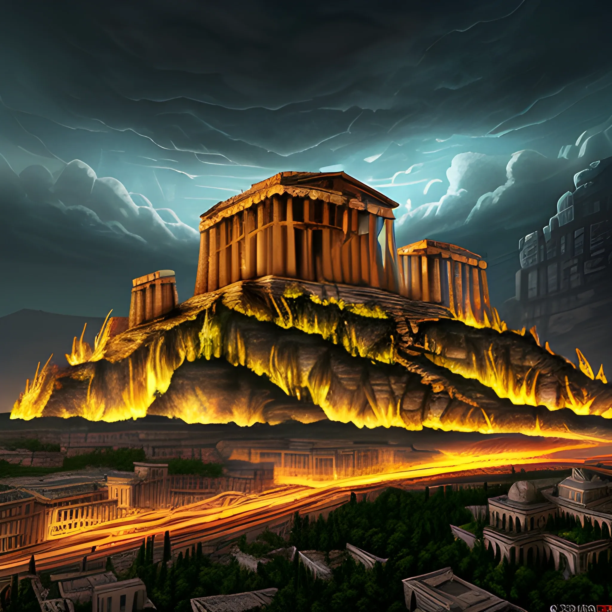 city of acropolis, on a high mountain, destroyed city, surrounded by clouds, dark environment, place of terror, dim lights, destruction, rot, night, darkness, dead vegetation, moor, rotten fauna, dry trees, burned grass, dead grass, barren plants, burned trees, small creatures, 4 legs, stare, green eyes, glowing eyes, dark lighting, terror, dark moon, darkness, ruins, destroyed, death, ancient greek architectural details, detailed environment, hyper realistic, city destroyed, decay, rot, 8k details, wide angle, 3d, panoramic view, slasher style