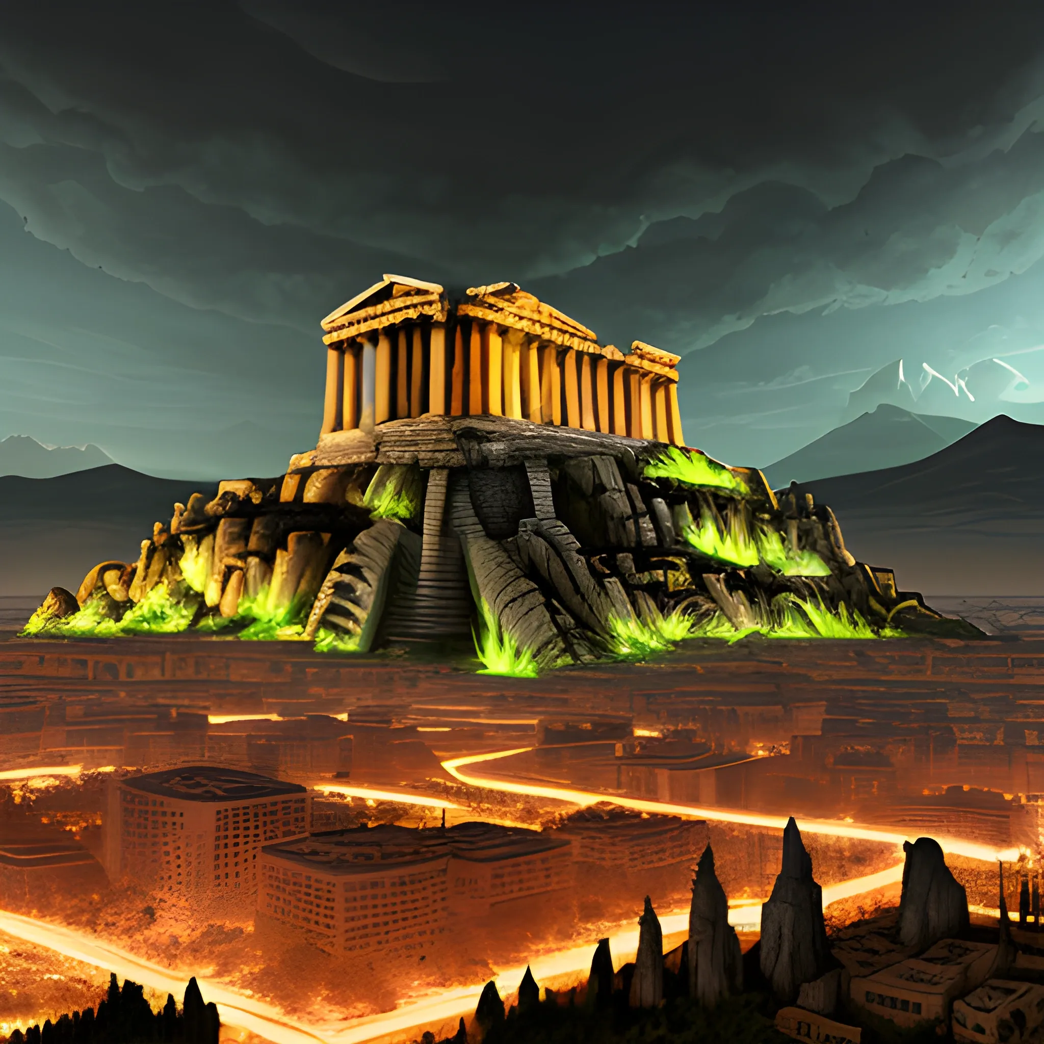 city of acropolis, on a high mountain, destroyed city, surrounded by clouds, dark environment, place of terror, dim lights, destruction, rot, night, darkness, dead vegetation, moor, rotten fauna, dry trees, burned grass, dead grass, barren plants, burned trees, small creatures, 4 legs, stare, green eyes, glowing eyes, dark lighting, terror, dark moon, darkness, ruins, destroyed, death, ancient greek architectural details, detailed environment, hyper realistic, city destroyed, decay, rot, 8k details, wide angle, 3d, panoramic view, slasher style