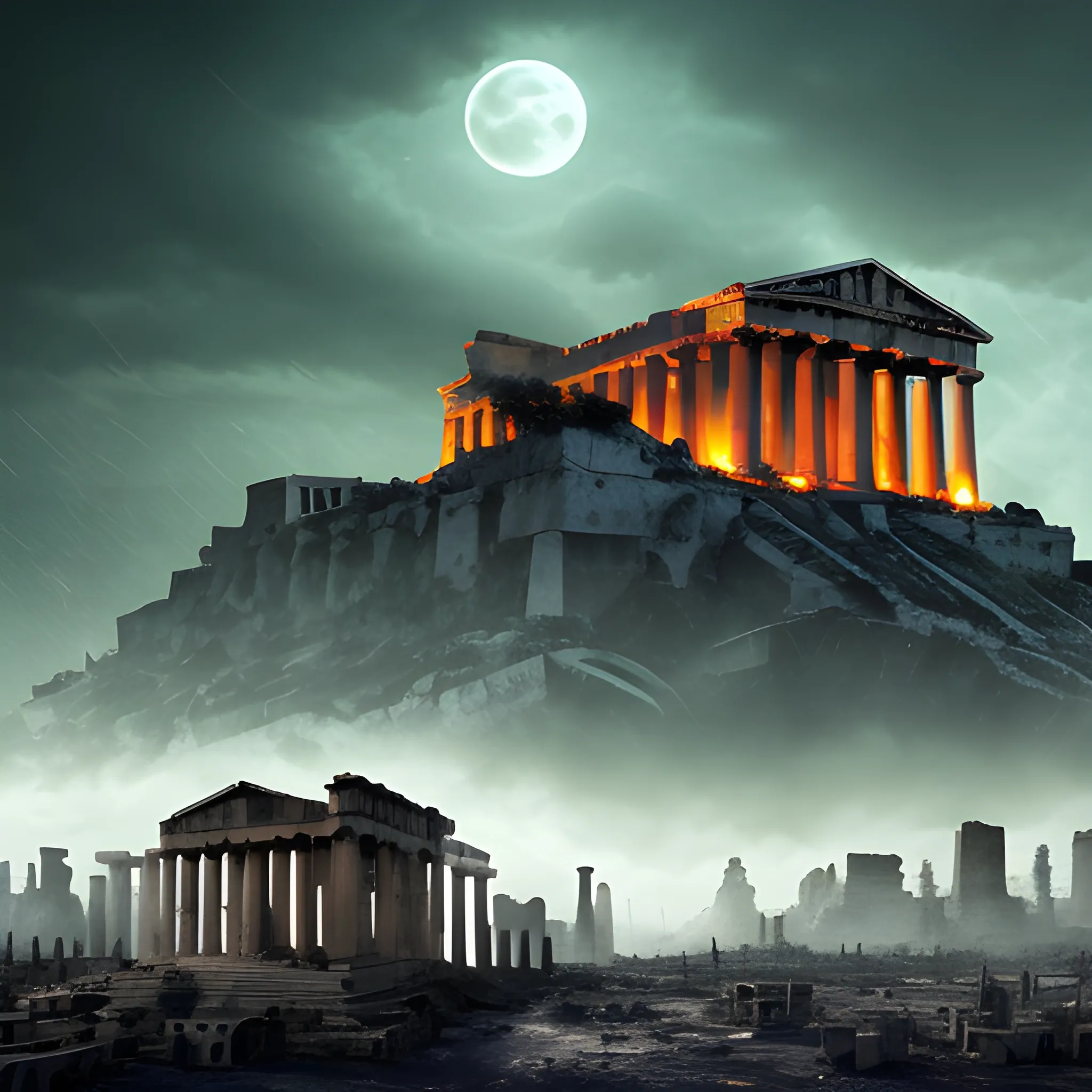 city of acropolis, on a high mountain, destroyed city, surrounded by clouds, dark environment, place of terror, dim lights, destruction, rot, night, darkness, dead vegetation, moor, rotten fauna, dry trees, burned grass, dead grass, barren plants, burnt trees, rain, rainy weather, rainy environment, green thunder, green lightning, dark lighting, terror, dark moon, darkness, ruins, destroyed, death, ancient greek architectural details, detailed environment, hyper realistic, destroyed city , decay, rot, 8k details, wide angle, 3d, panoramic view, slasher style