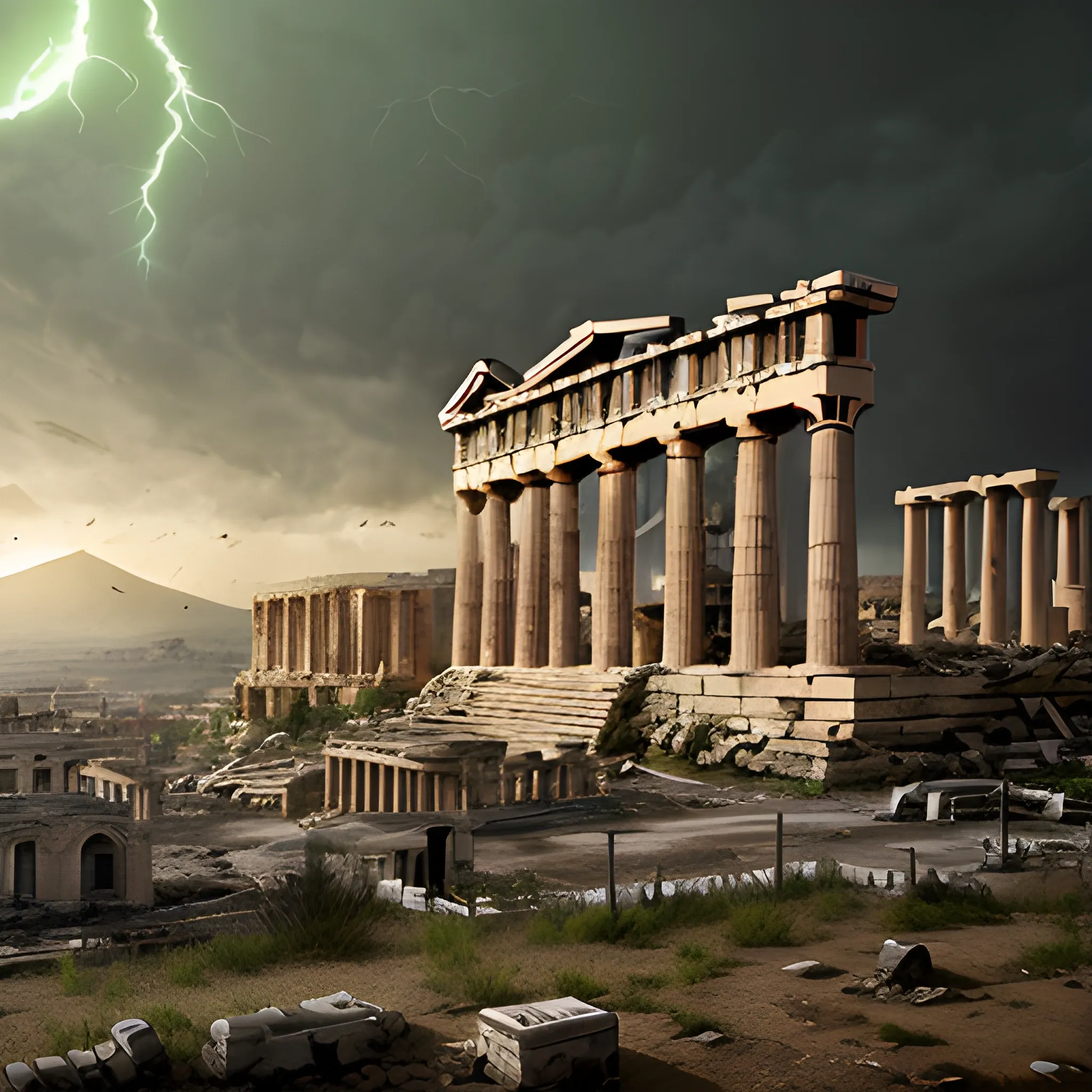 city of acropolis, on a high mountain, destroyed city, surrounded by clouds, dark environment, place of terror, dim lights, destruction, rot, night, darkness, dead vegetation, moor, rotten fauna, dry trees, burned grass, dead grass, barren plants, burned trees, rain, rainy weather, storm, strong storm, wind raising sand, rainy environment, green thunder, green lightning, dark lighting, terror, dark moon, darkness, ruins, destroyed, death, ancient greek architectural details , detailed environment, hyper realistic, destroyed city, decay, rot, 8k details, wide angle, 3D, panoramic view, Slasher style