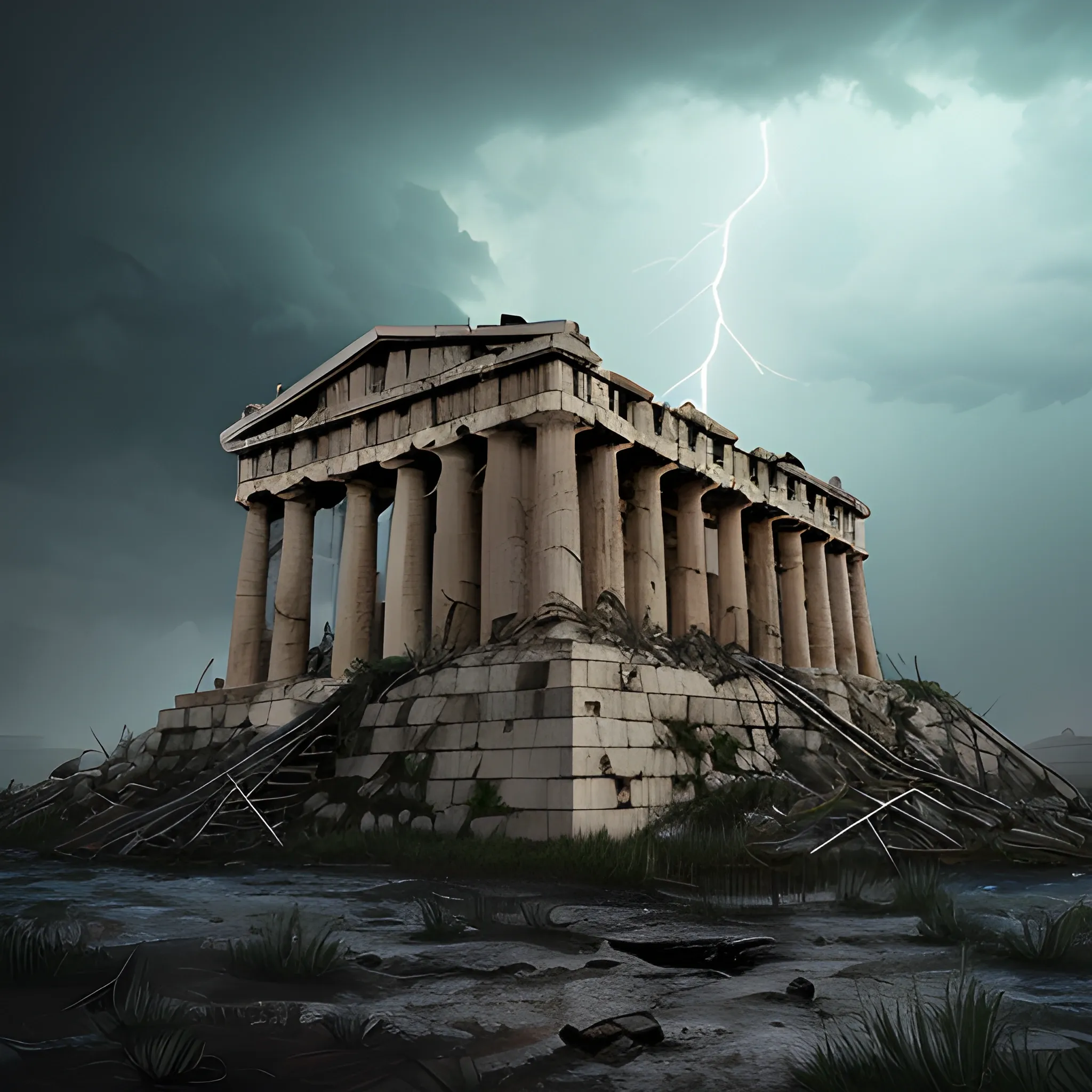 city of acropolis, on a high mountain, destroyed city, surrounded by clouds, dark environment, place of terror, dim lights, destruction, rot, night, darkness, dead vegetation, moor, rotten fauna, dry trees, burned grass, dead grass, barren plants, burned trees, rain, rainy weather, storm, strong storm, wind raising sand, rainy environment, thunder, lightning, dim lights, water falling from the sky, terror, dark moon, darkness, ruins, destroyed, death, details ancient greece architecture, detailed environment, hyper realistic, destroyed city, decay, rot, 8k details, wide angle, 3d, panoramic view, slasher style