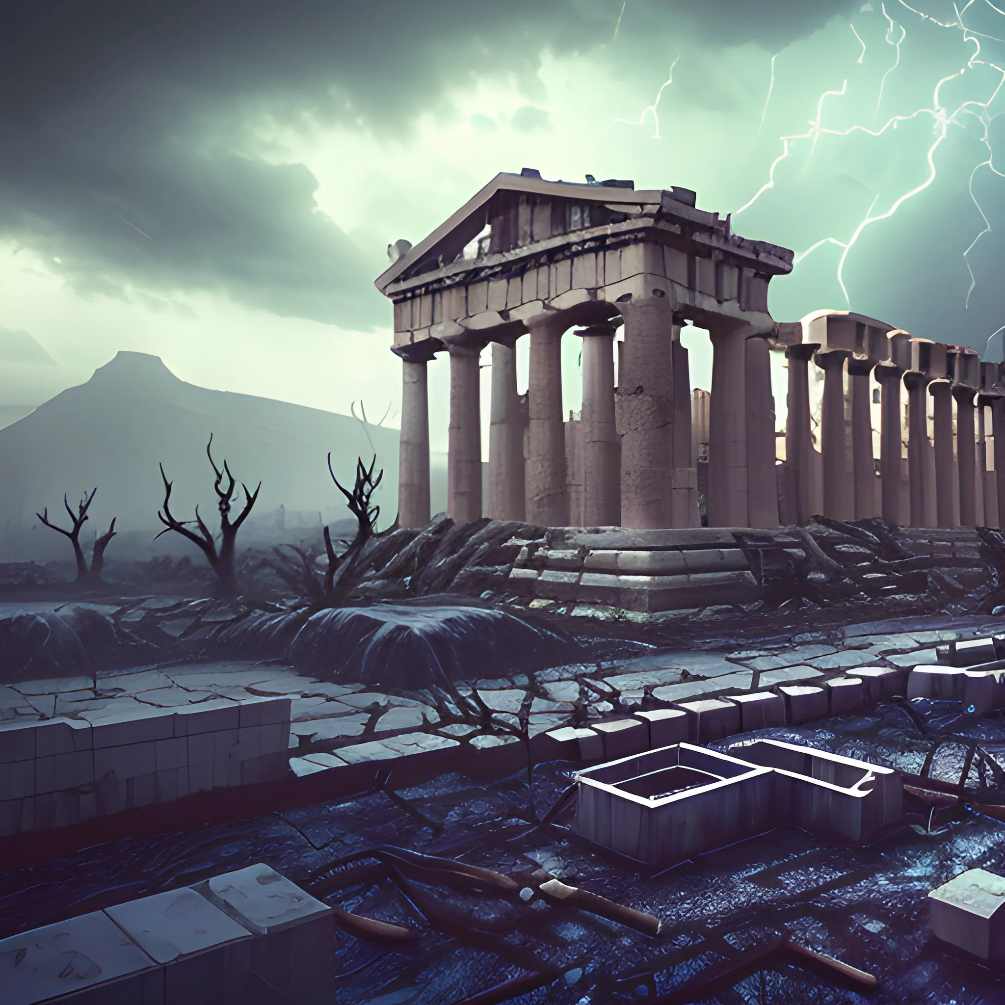 city of acropolis, on a high mountain, destroyed city, surrounded by clouds, dark environment, place of terror, dim lights, destruction, rot, night, darkness, dead vegetation, moor, rotten fauna, dry trees, burned grass, dead grass, barren plants, burned trees, rain, rainy weather, storm, strong storm, wind raising sand, rainy environment, thunder, lightning, dim lights, water falling from the sky, terror, dark moon, darkness, ruins, destroyed, death, details ancient greece architecture, detailed environment, hyper realistic, destroyed city, decay, rot, 8k details, wide angle, 3d, panoramic view, slasher style